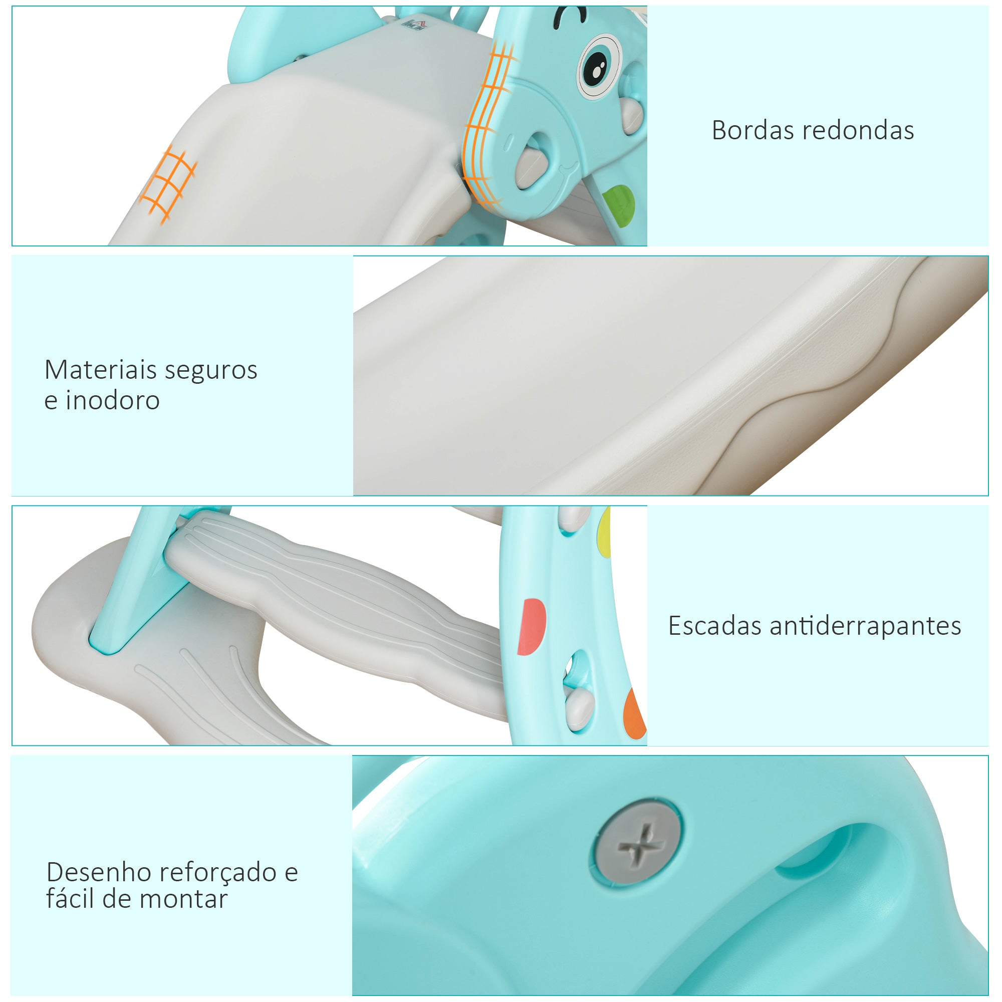 Escorrega Infantil Dobrável com Cesta de Basquetebol - 140x87x75cm - Azul e Cinza