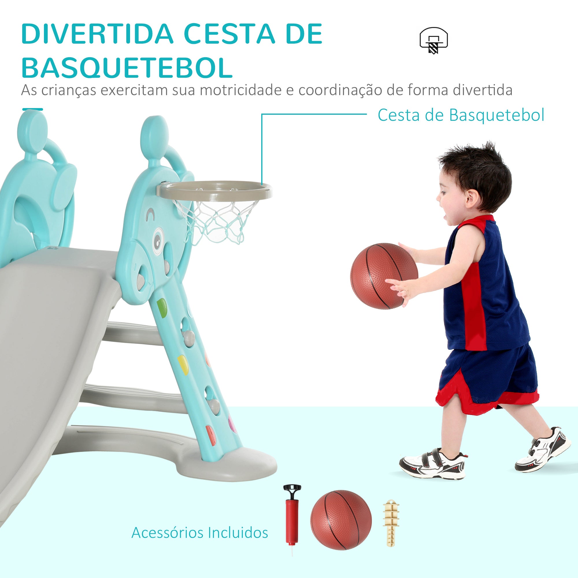 Escorrega Infantil Dobrável com Cesta de Basquetebol - 140x87x75cm - Azul e Cinza