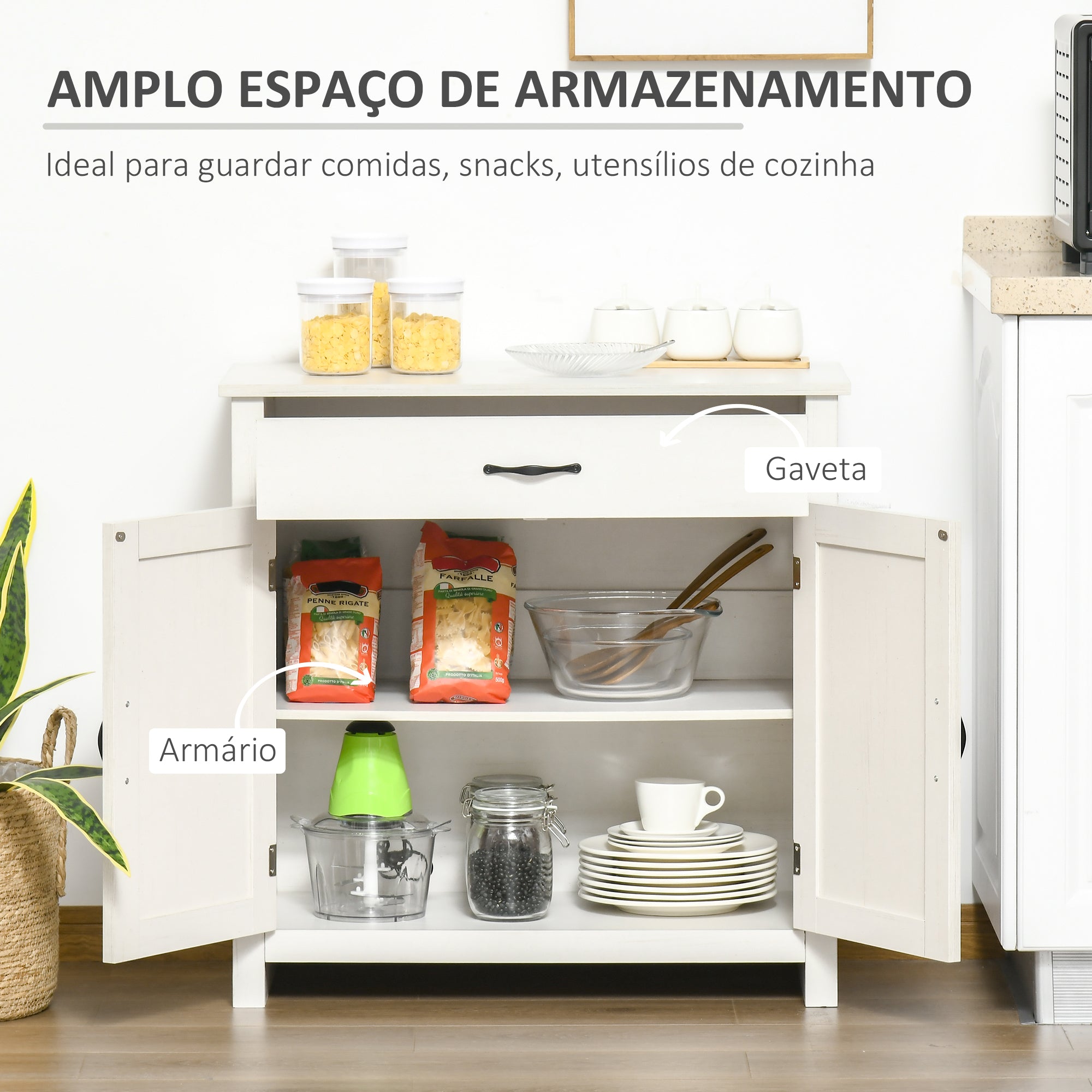 Aparador de Cozinha com 1 Gaveta e Prateleira Interior Ajustável 80x39,7x80 cm Branco