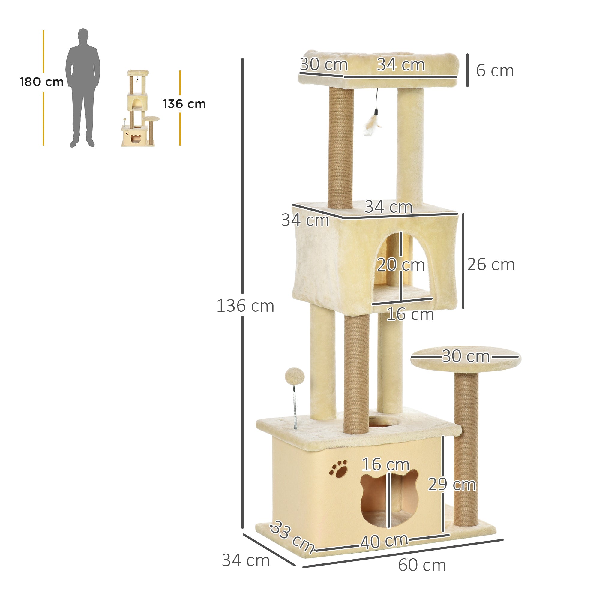 Árvore Arranhador para Gatos Bege 60x34x136cm - Centro de Atividades com Plataformas e Cavernas