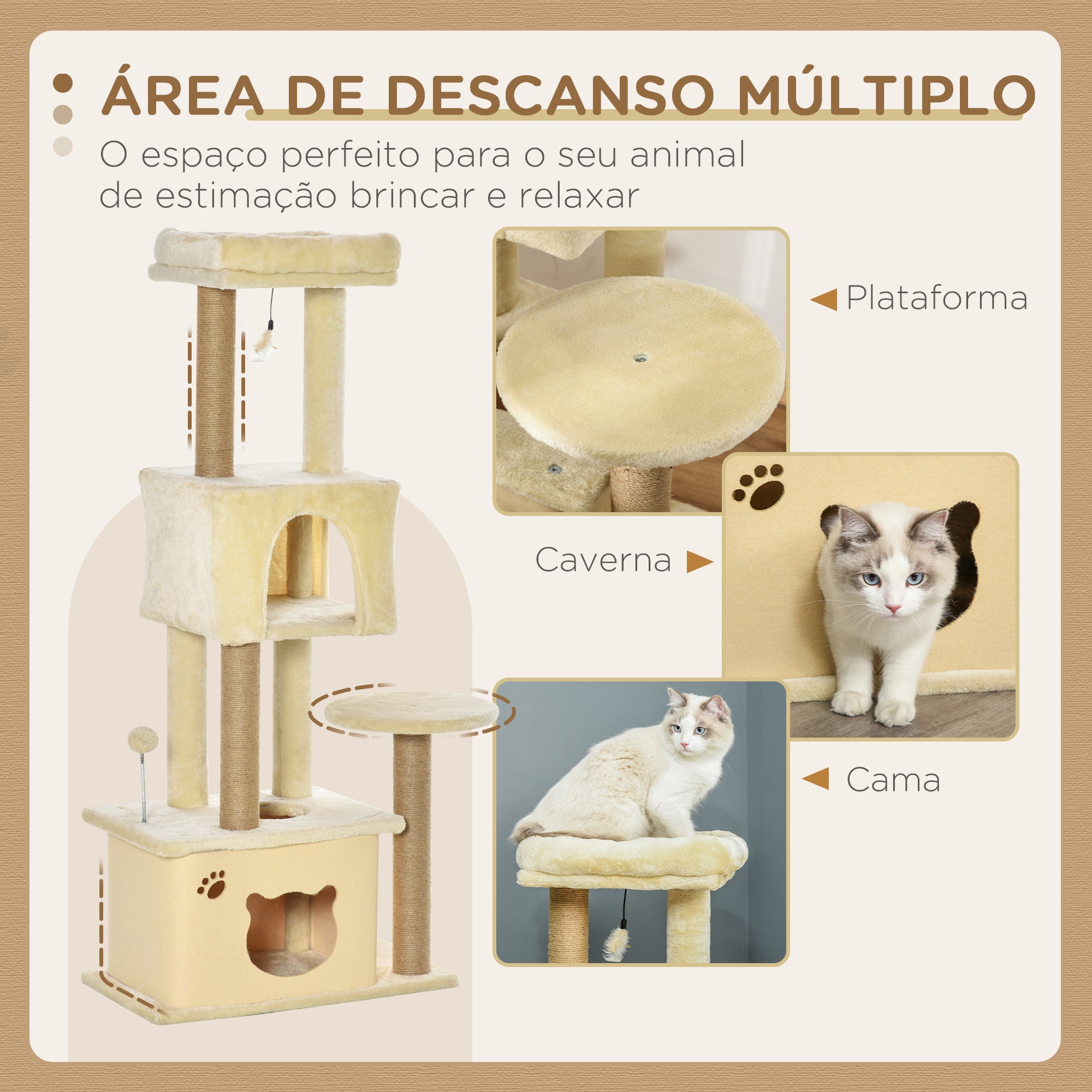 Árvore Arranhador para Gatos Bege 60x34x136cm - Centro de Atividades com Plataformas e Cavernas