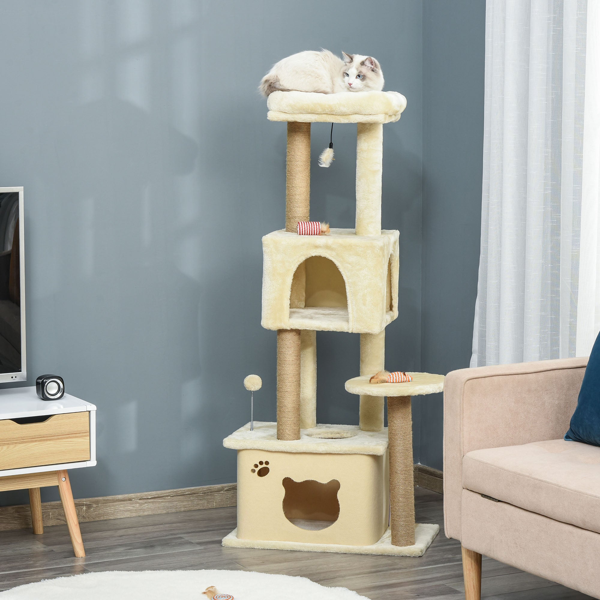 Árvore Arranhador para Gatos Bege 60x34x136cm - Centro de Atividades com Plataformas e Cavernas
