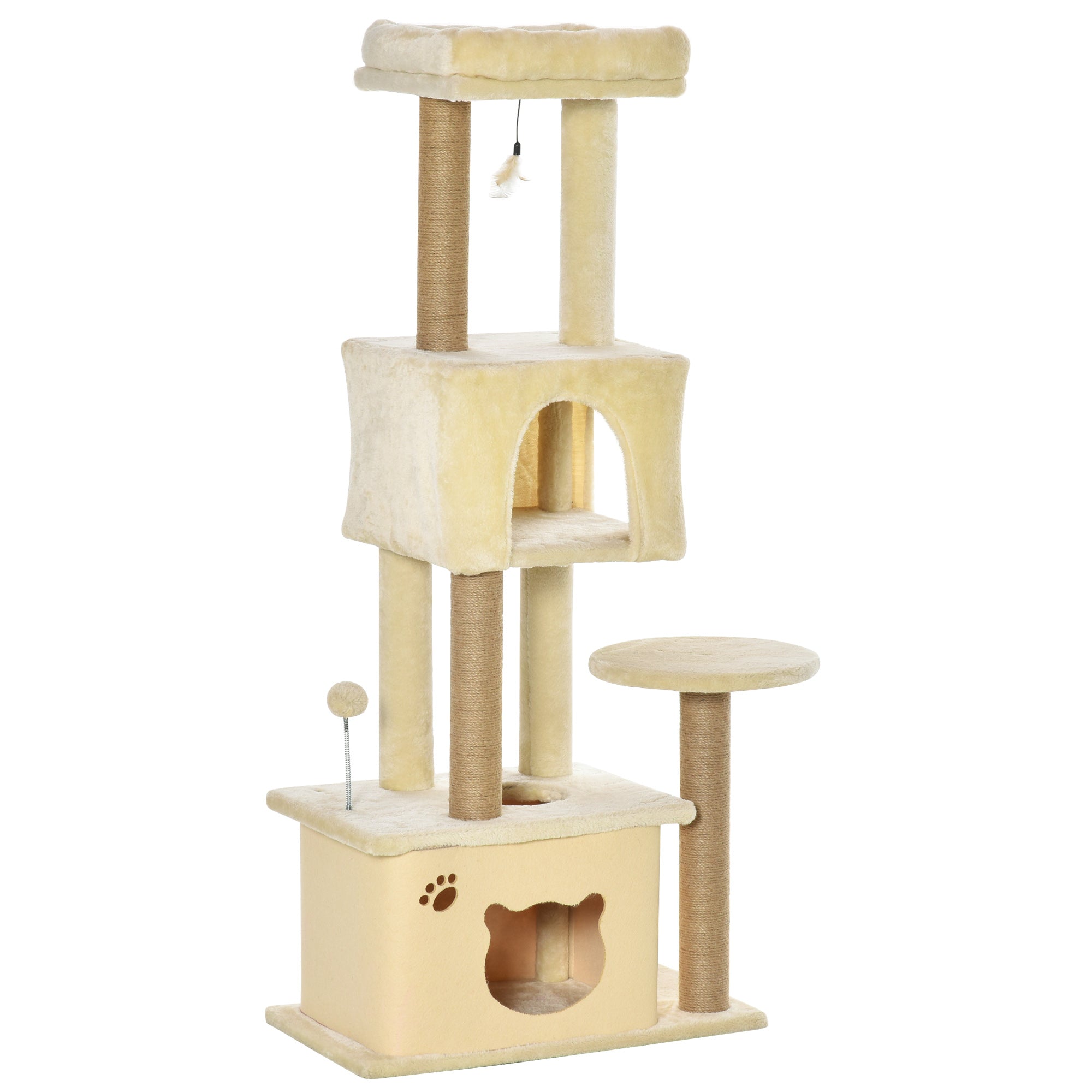 Árvore Arranhador para Gatos Bege 60x34x136cm - Centro de Atividades com Plataformas e Cavernas