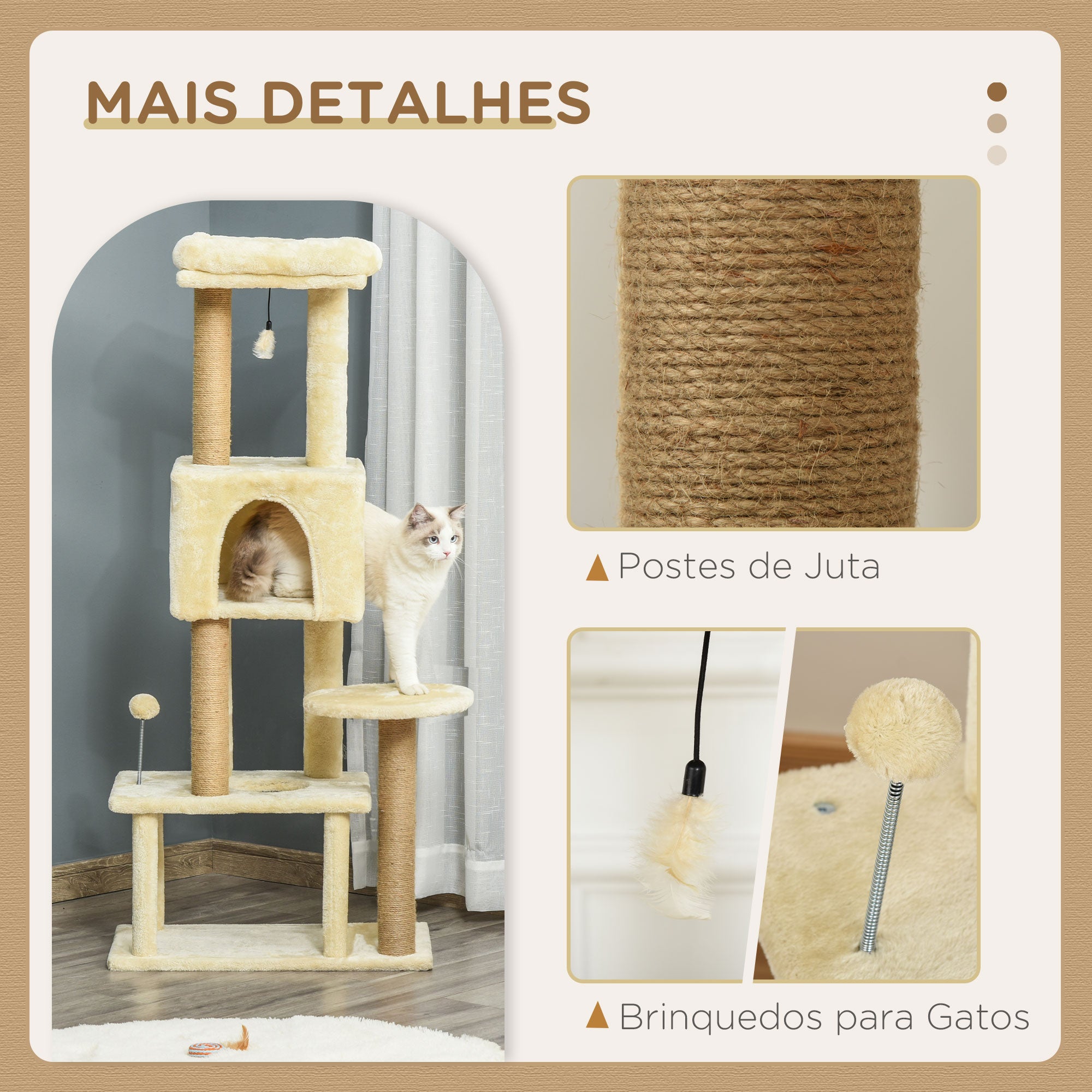 Árvore Arranhador para Gatos Bege 60x34x136cm - Centro de Atividades com Plataformas e Cavernas