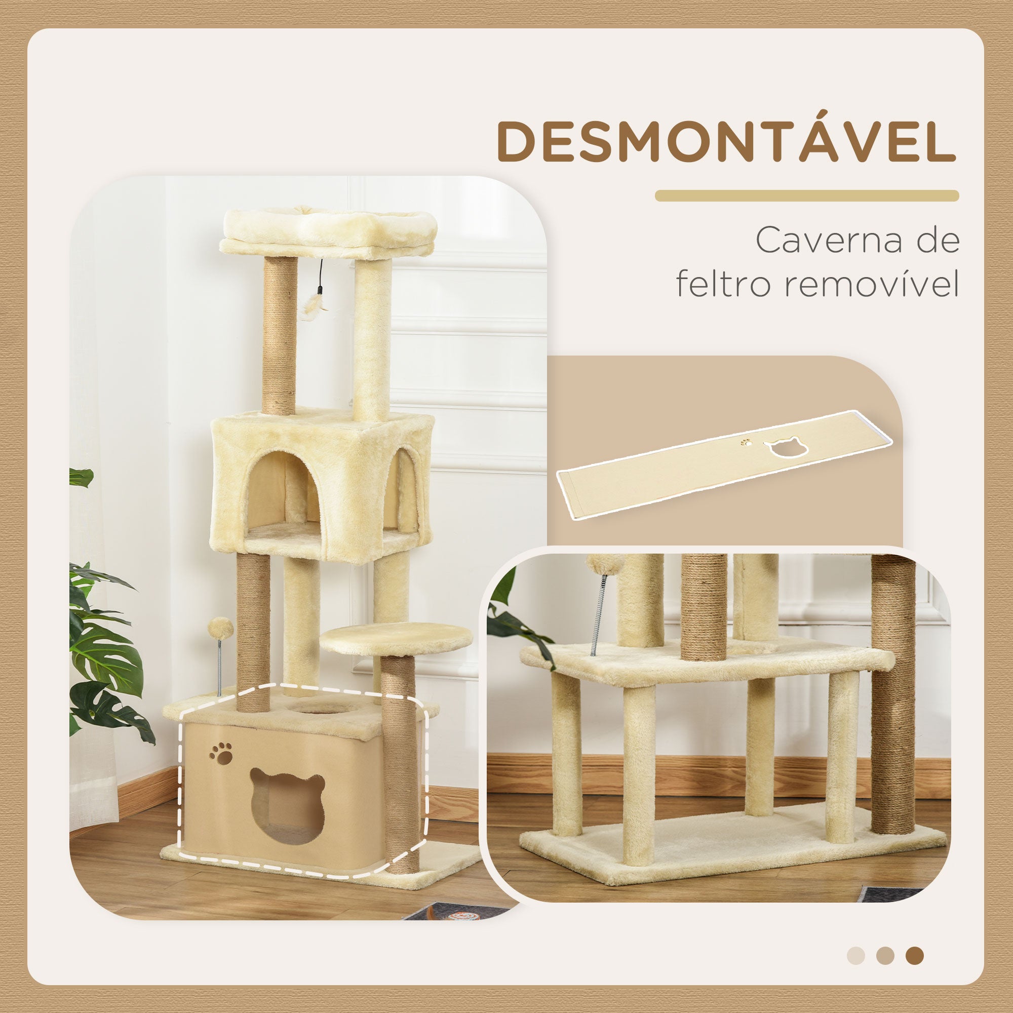 Árvore Arranhador para Gatos Bege 60x34x136cm - Centro de Atividades com Plataformas e Cavernas