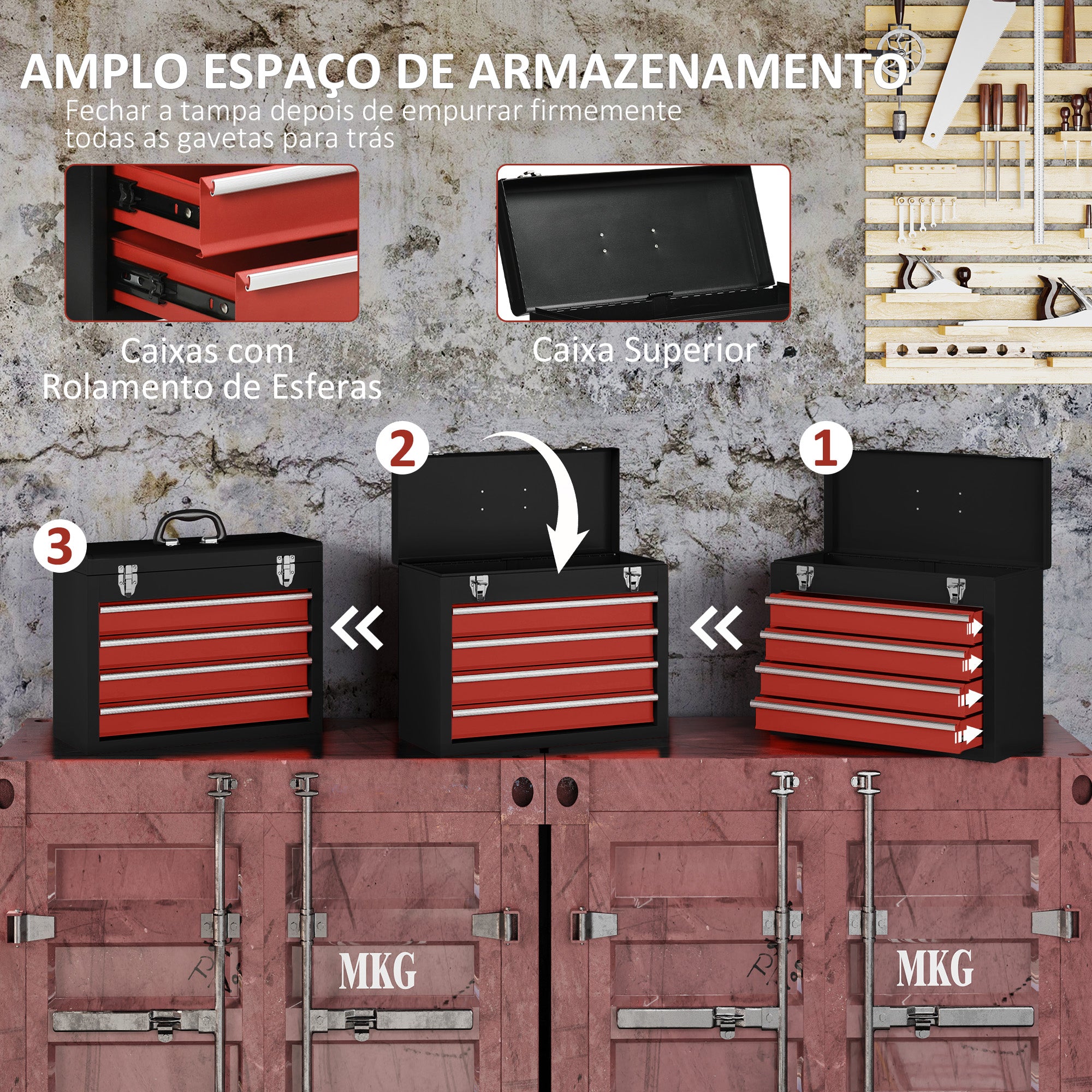 Caixa de Ferramentas de Aço com 4 Gavetas 51x22x39,5 - Preto e Vermelho