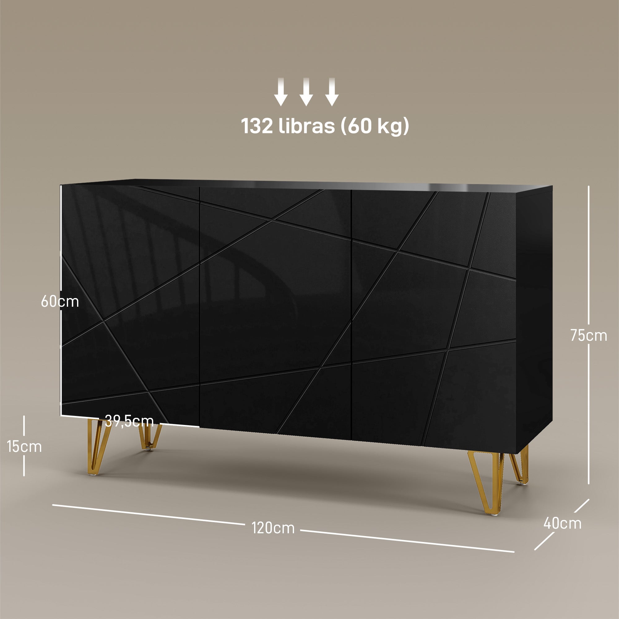 Aparador de Sala com 3 Portas 120x40x75 cm - Preto Brilhante
