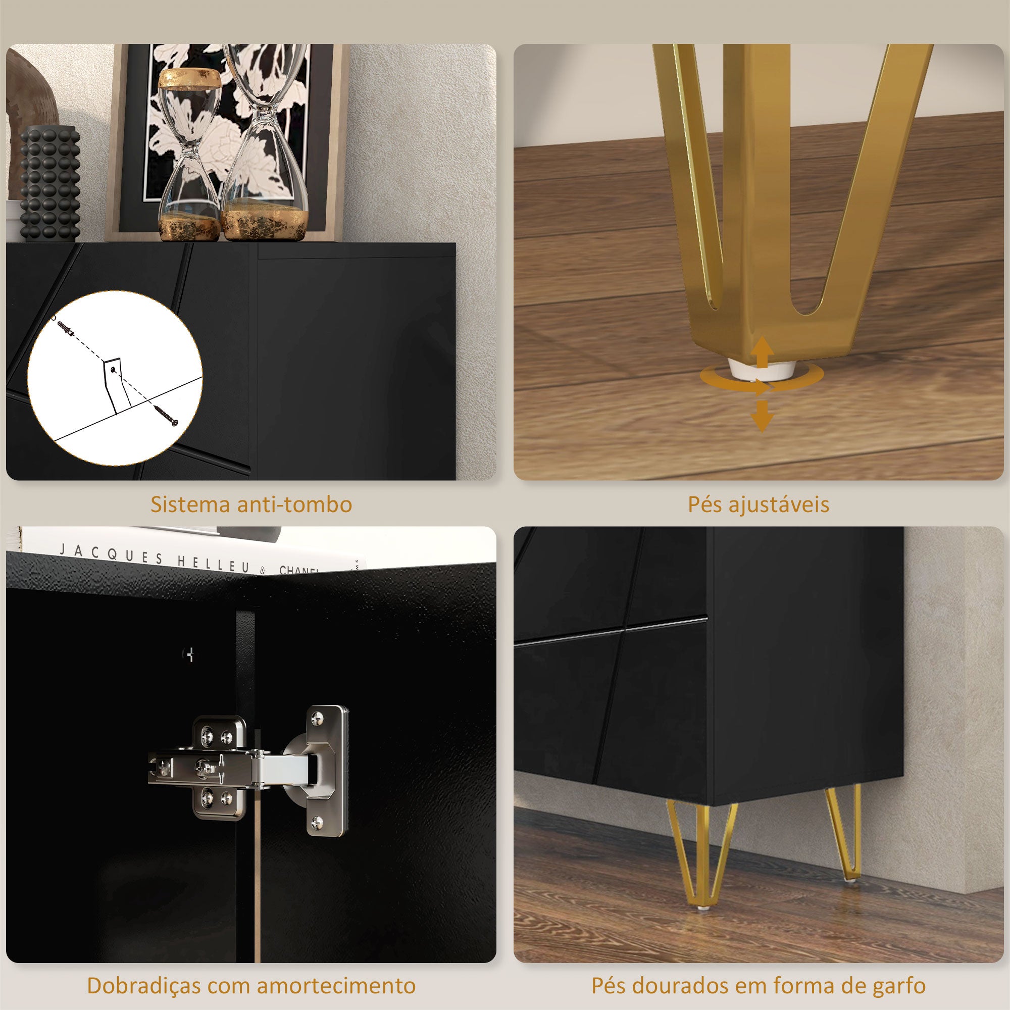 Aparador de Sala com 3 Portas 120x40x75 cm - Preto Brilhante