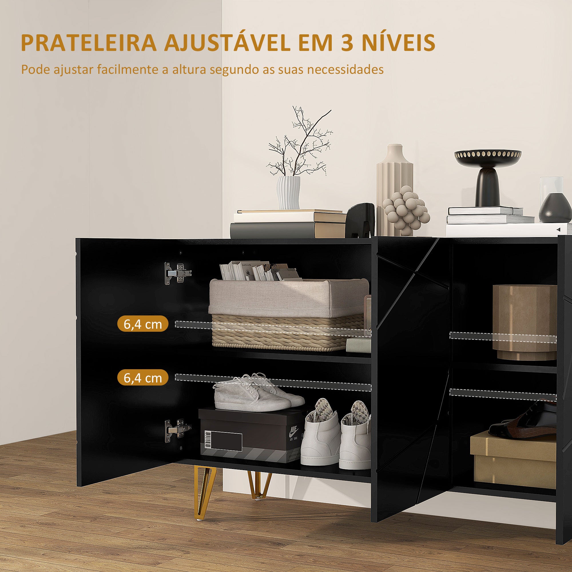 Aparador de Sala com 3 Portas 120x40x75 cm - Preto Brilhante