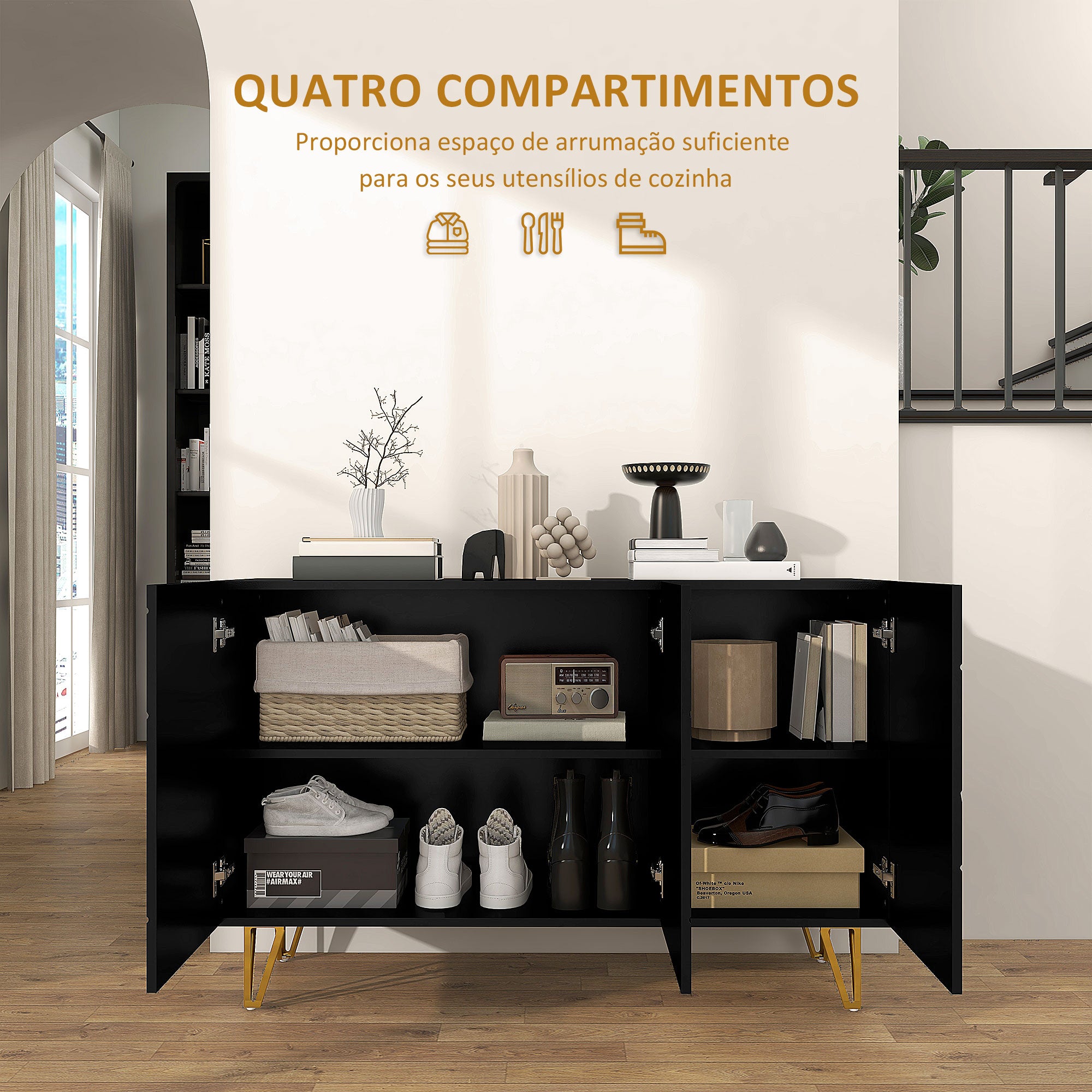 Aparador de Sala com 3 Portas 120x40x75 cm - Preto Brilhante
