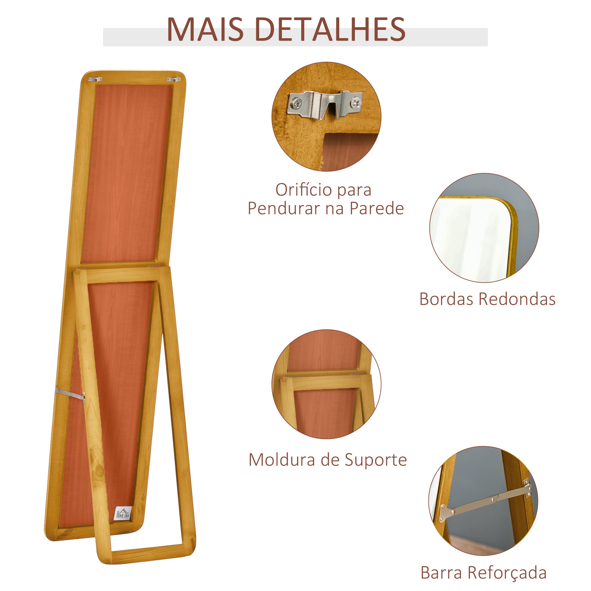 Espelho de Pé/Corpo Inteiro Retangular Nogueira 37x43x156cm