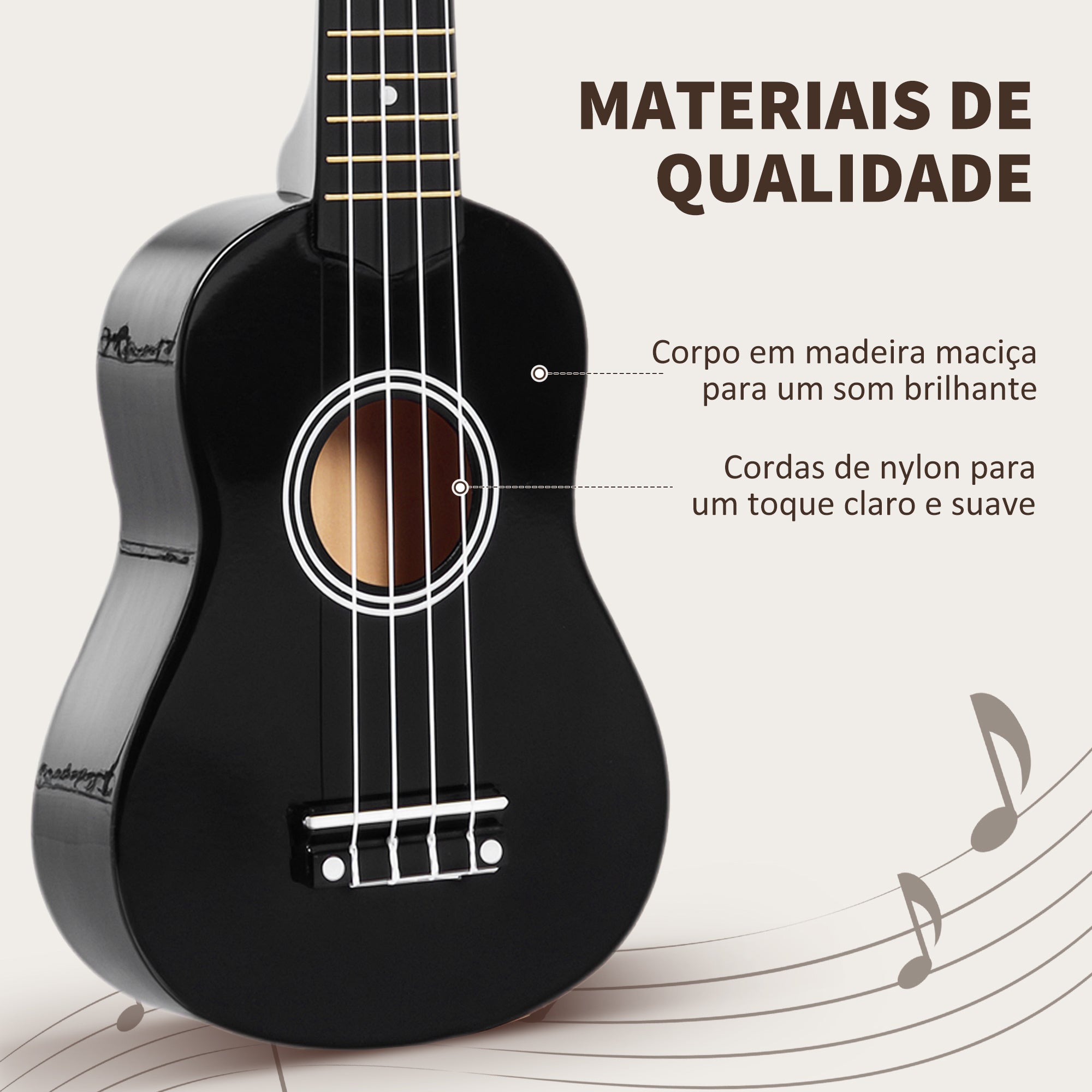 Ukelele Soprano 21 Polegadas em Madeira - Preto (53x17,5x6,2 cm)