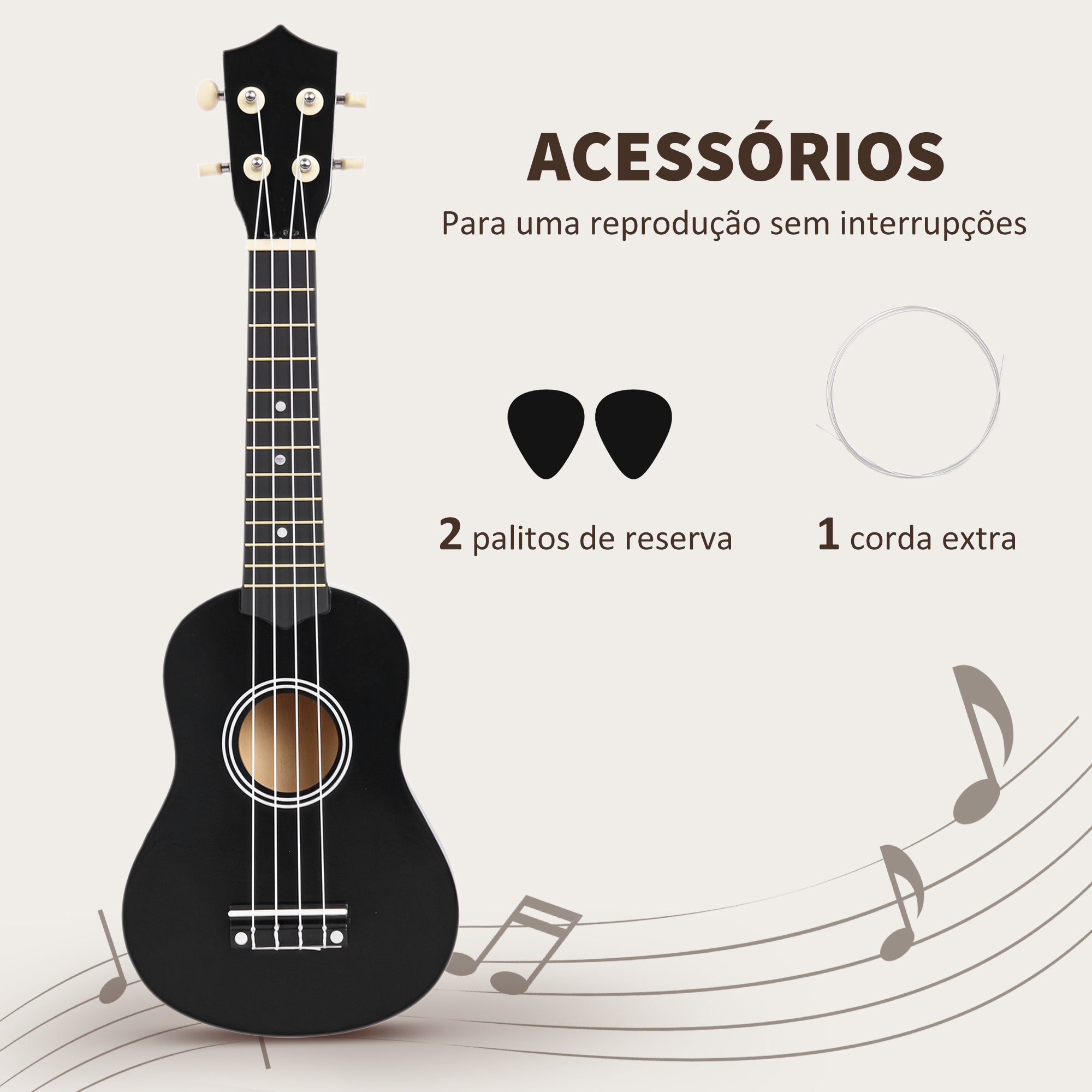 Ukelele Soprano 21 Polegadas em Madeira - Preto (53x17,5x6,2 cm)