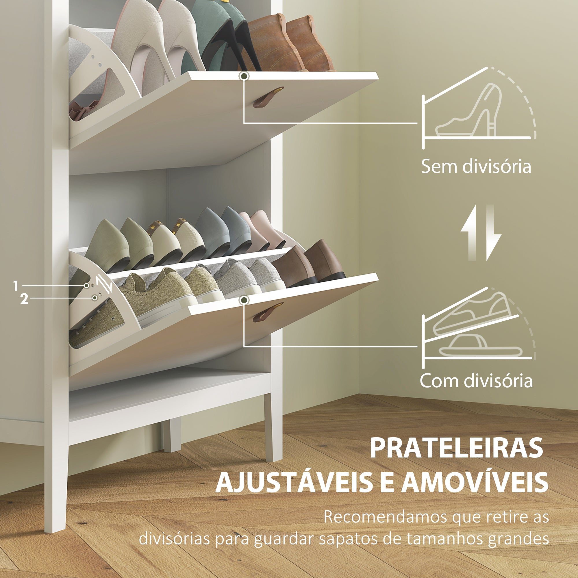 Sapateira Estreita com 2 Gavetas Abatíveis para 14 Pares de Sapatos - 80x24x95,5 cm - Branco