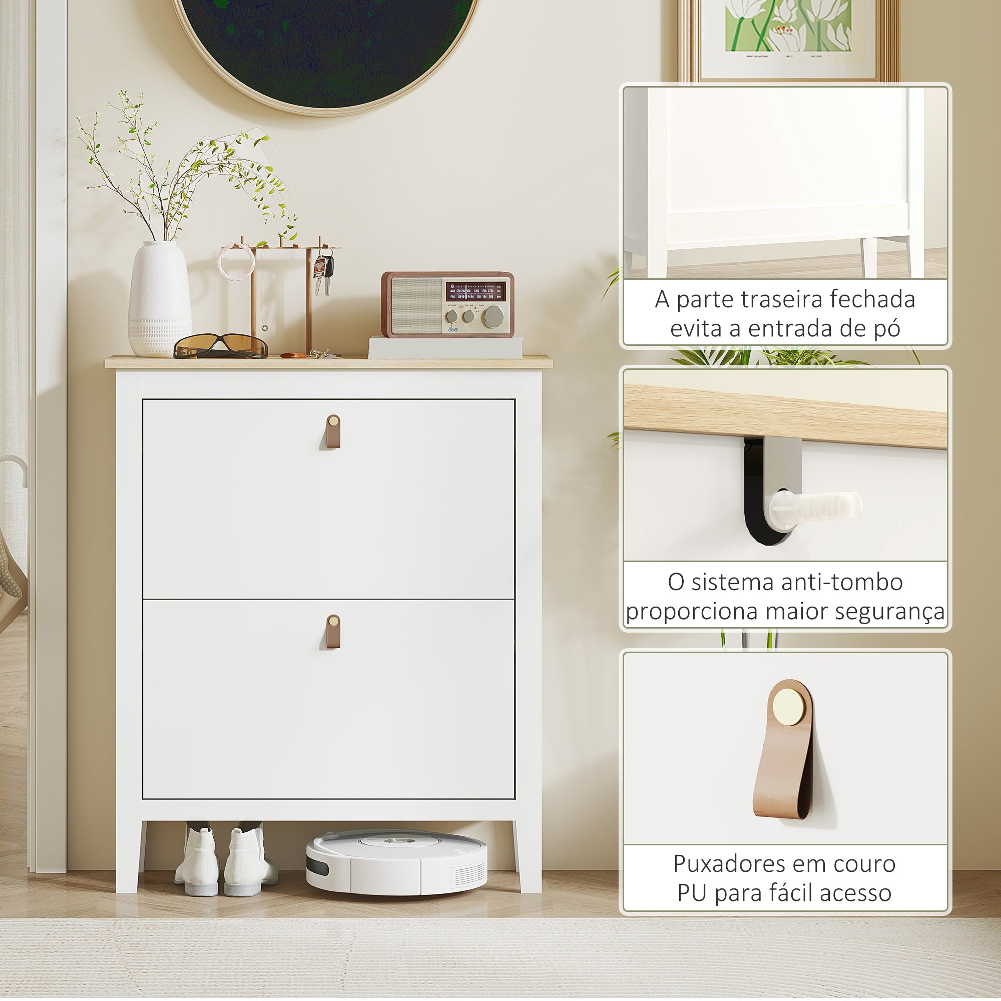 Sapateira Estreita com 2 Gavetas Abatíveis para 14 Pares de Sapatos - 80x24x95,5 cm - Branco