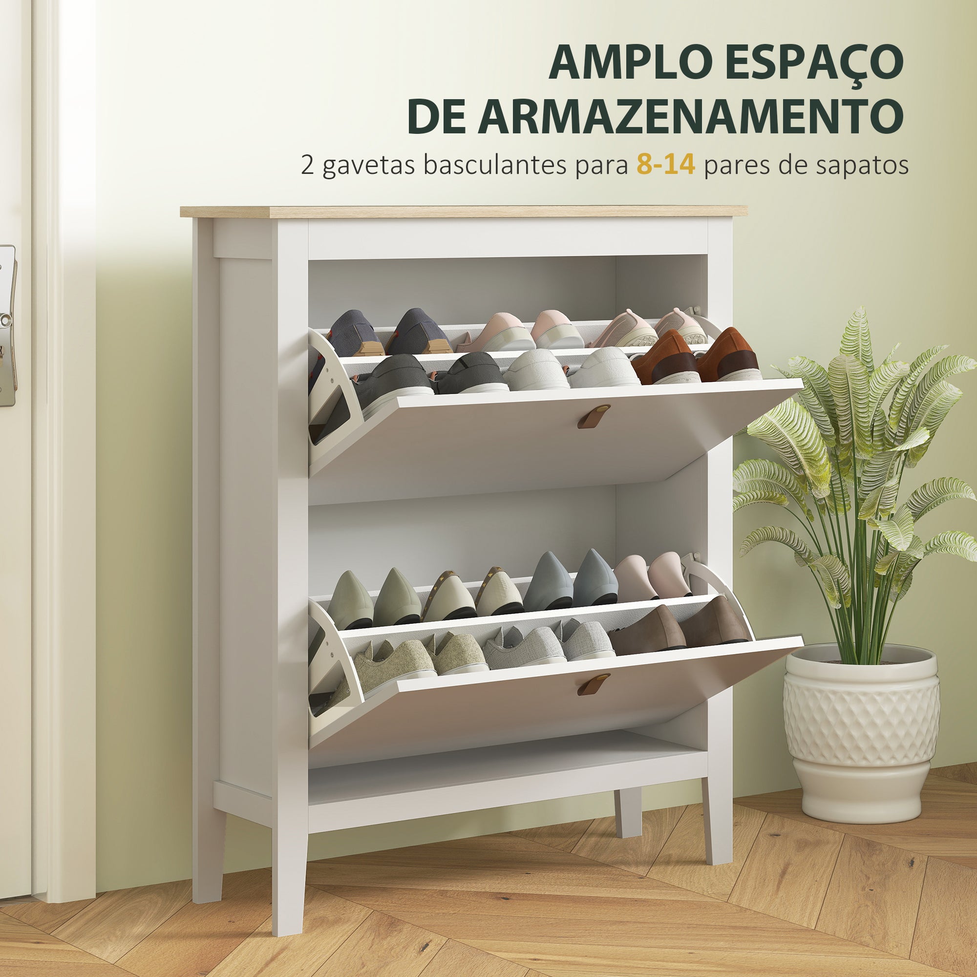 Sapateira Estreita com 2 Gavetas Abatíveis para 14 Pares de Sapatos - 80x24x95,5 cm - Branco