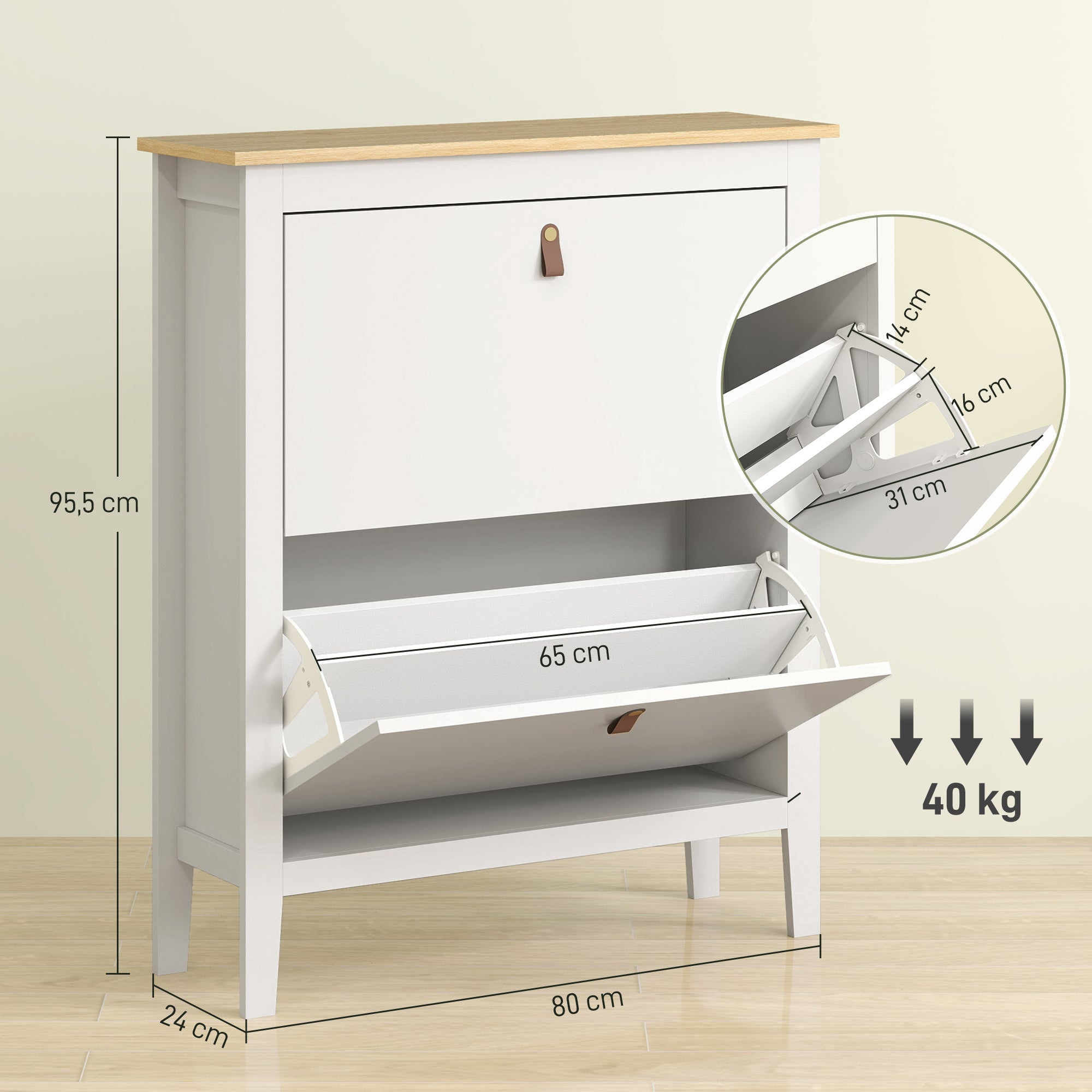 Sapateira Estreita com 2 Gavetas Abatíveis para 14 Pares de Sapatos - 80x24x95,5 cm - Branco