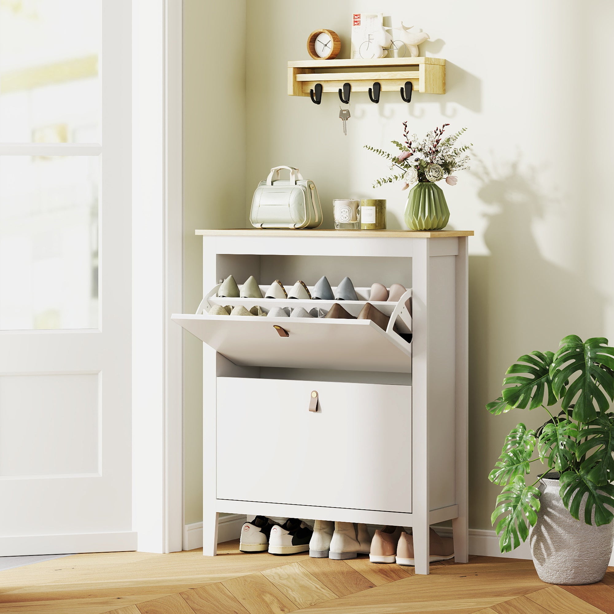 Sapateira Estreita com 2 Gavetas Abatíveis para 14 Pares de Sapatos - 80x24x95,5 cm - Branco