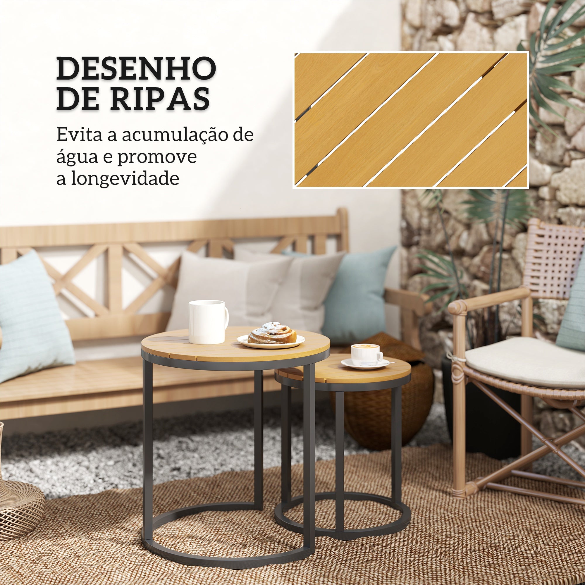 Conjunto de 2 Mesas de Jardim Ø46x49 cm em Madeira e Preto