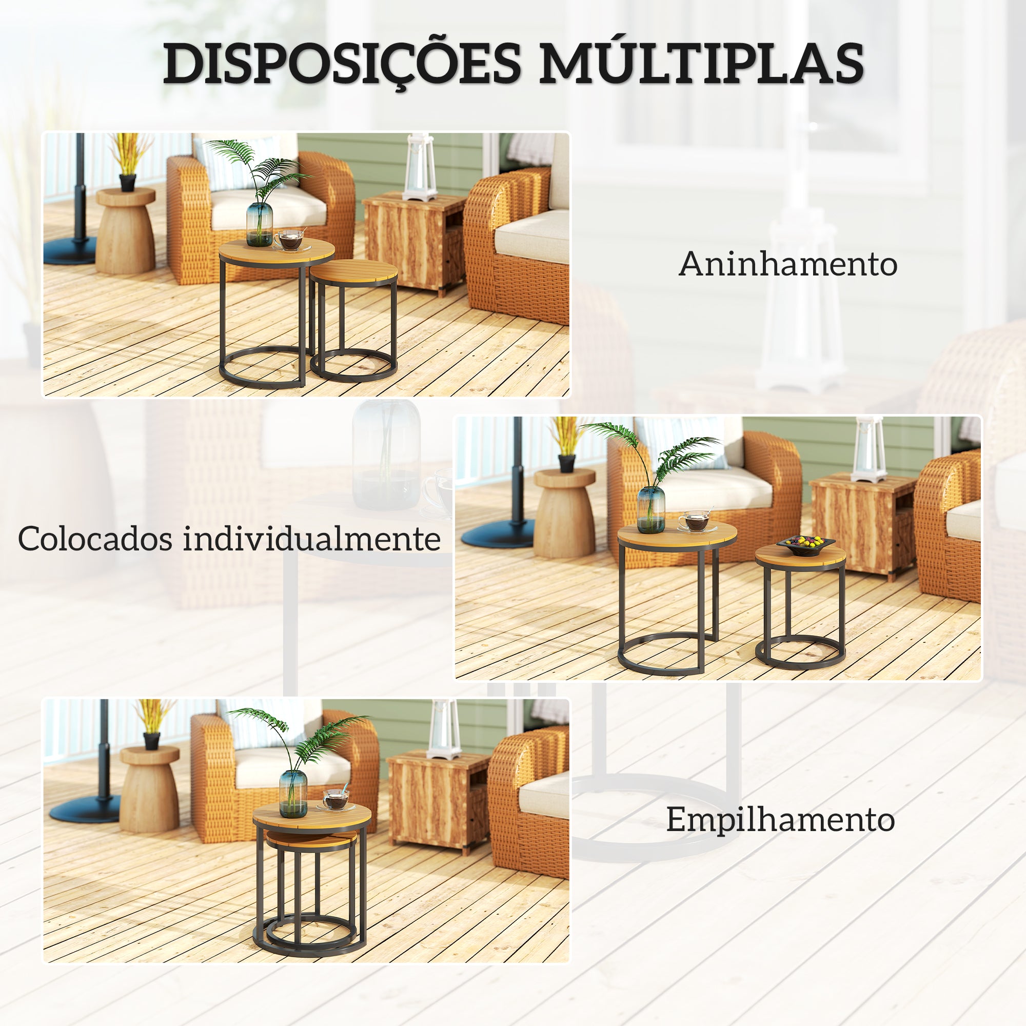 Conjunto de 2 Mesas de Jardim Ø46x49 cm em Madeira e Preto