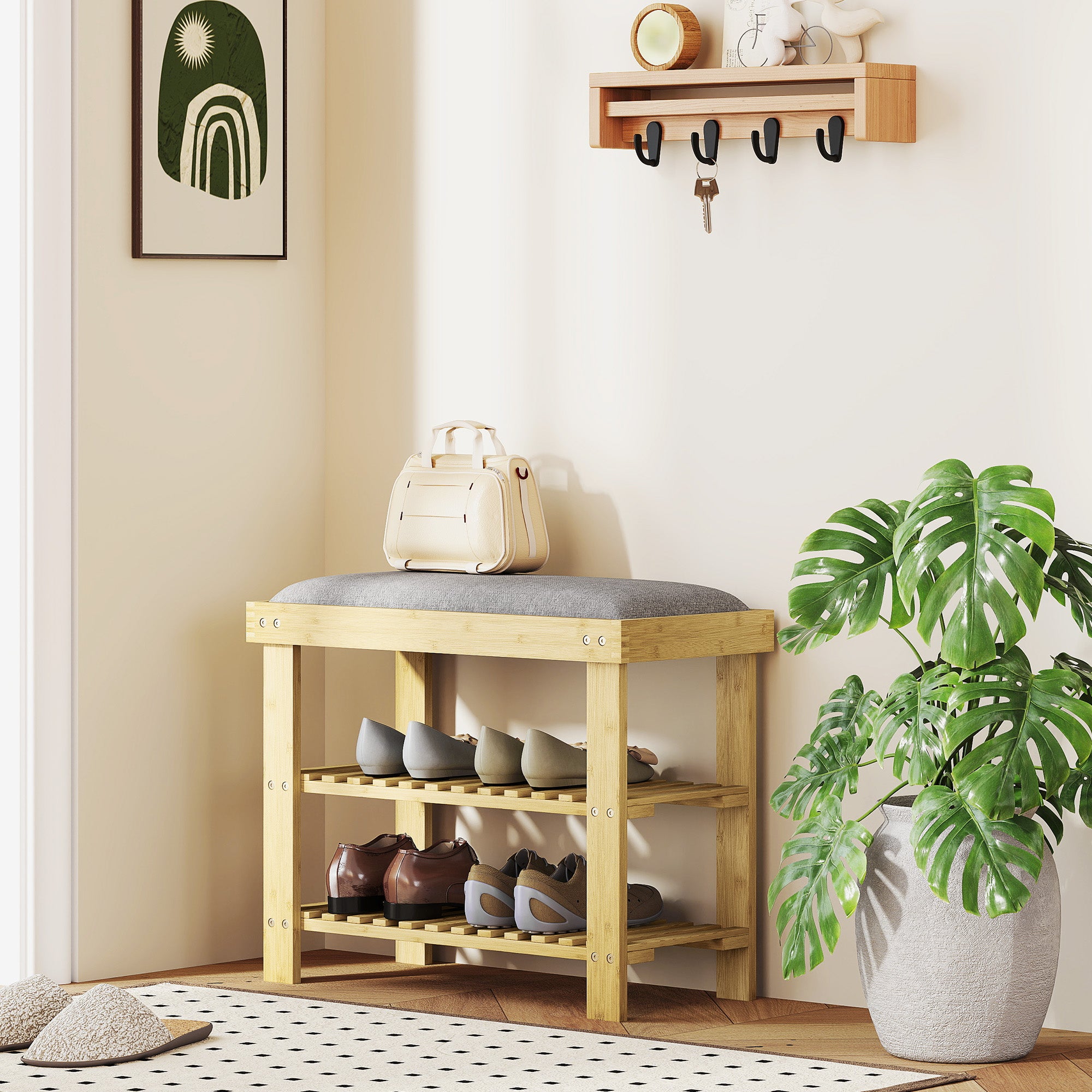 Banco Sapateira de Bambu com Assento Almofadado 60x29x49 cm - Cinzento e Madeira