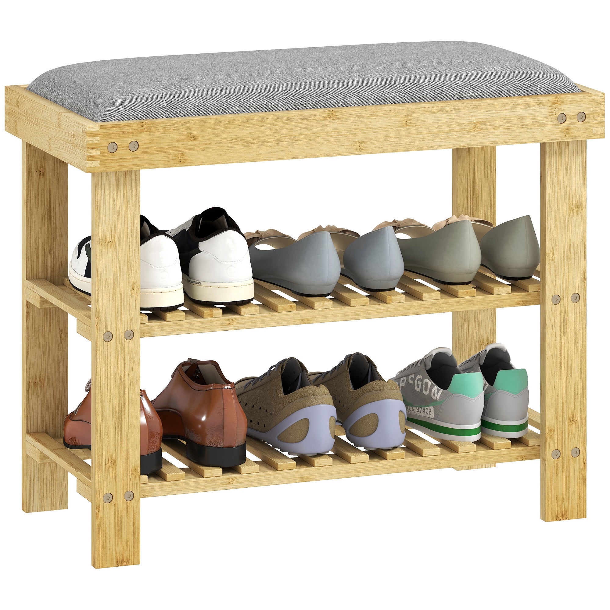 Banco Sapateira de Bambu com Assento Almofadado 60x29x49 cm - Cinzento e Madeira