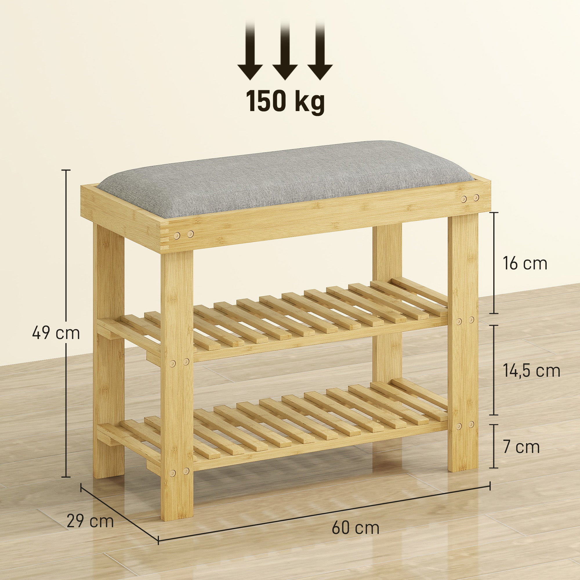 Banco Sapateira de Bambu com Assento Almofadado 60x29x49 cm - Cinzento e Madeira