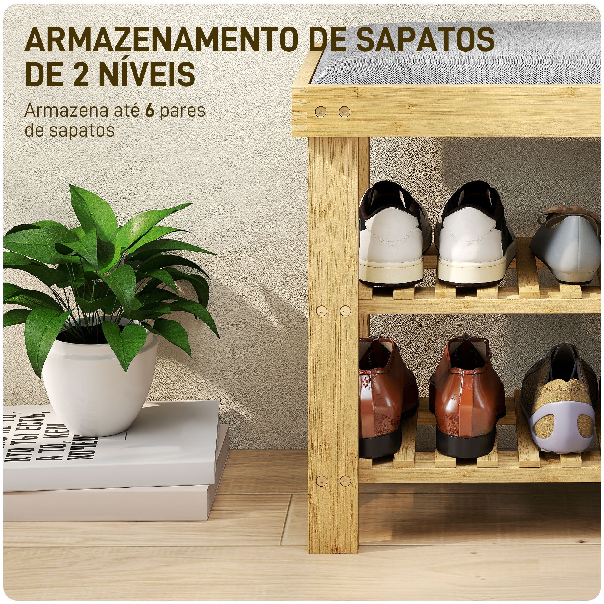 Banco Sapateira de Bambu com Assento Almofadado 60x29x49 cm - Cinzento e Madeira