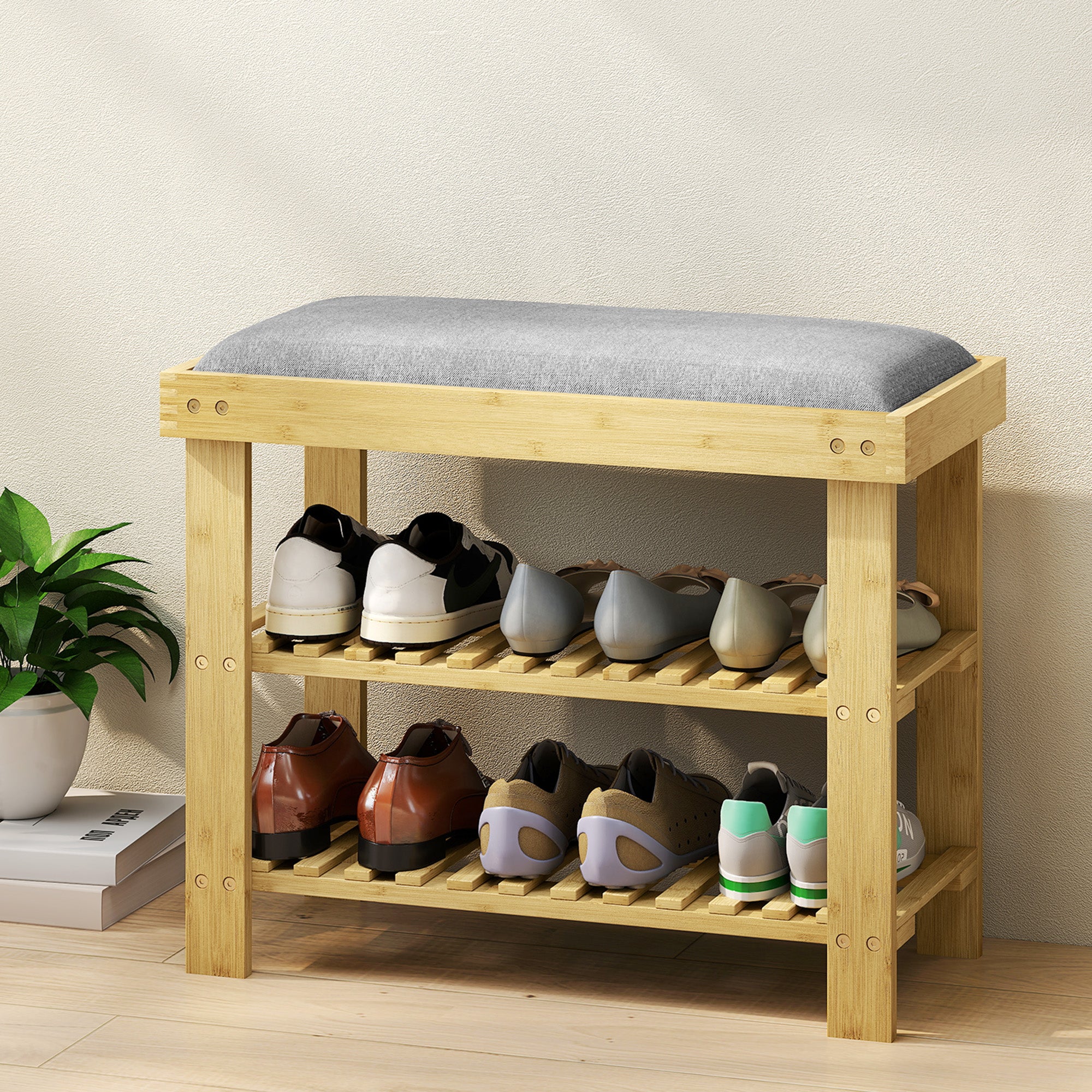 Banco Sapateira de Bambu com Assento Almofadado 60x29x49 cm - Cinzento e Madeira