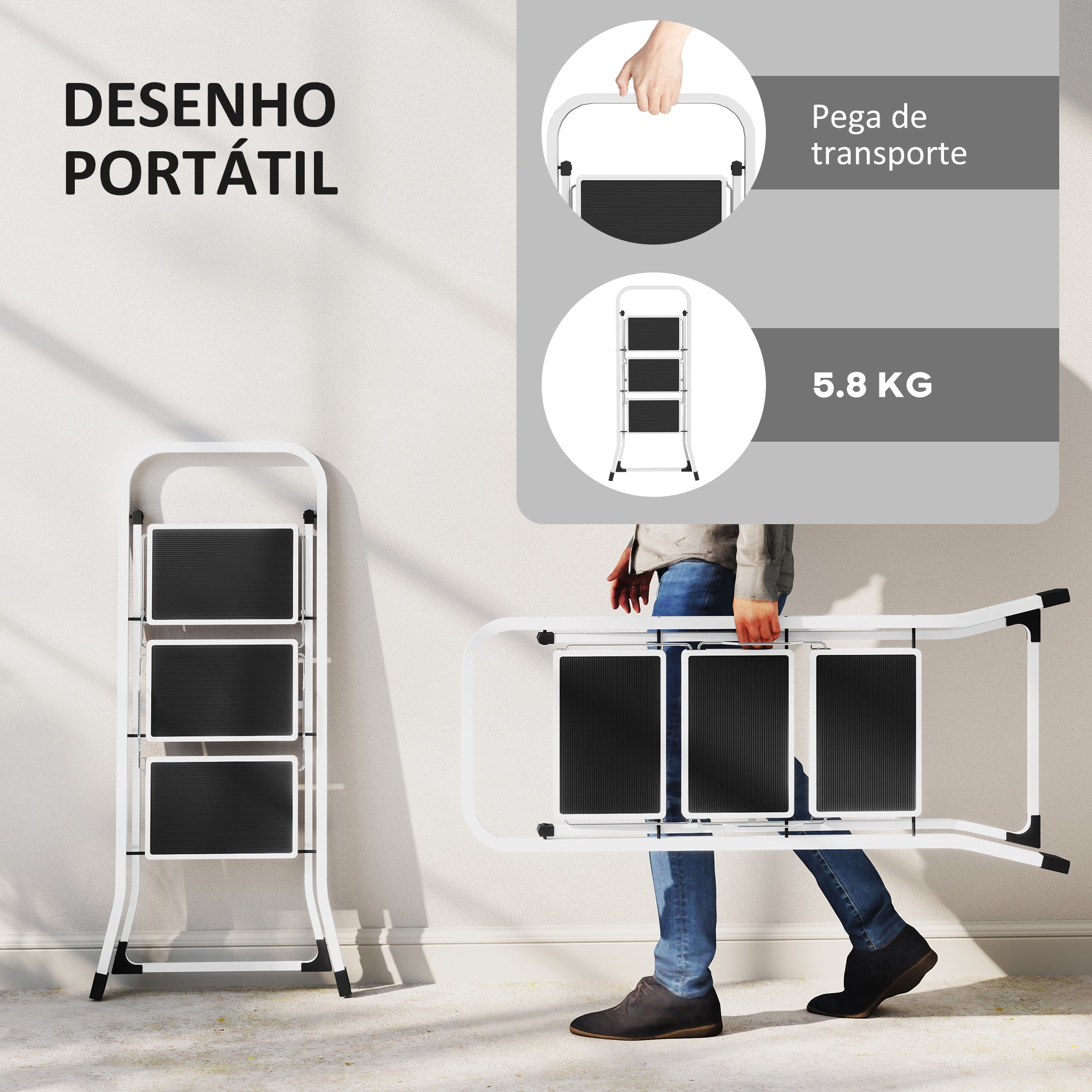 Escada Dobrável de 3 Degraus Branca 71x46,5x105,3 cm