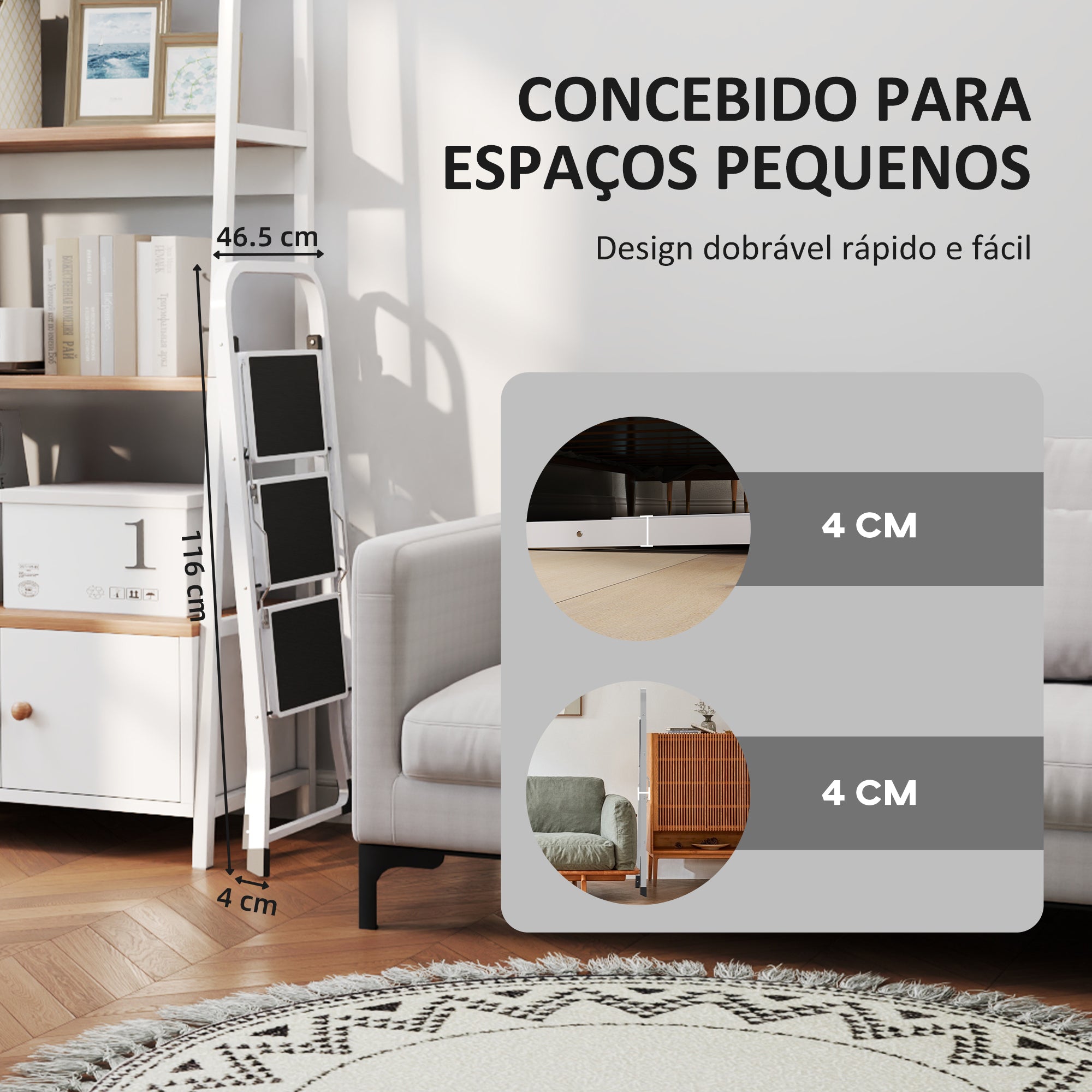 Escada Dobrável de 3 Degraus Branca 71x46,5x105,3 cm