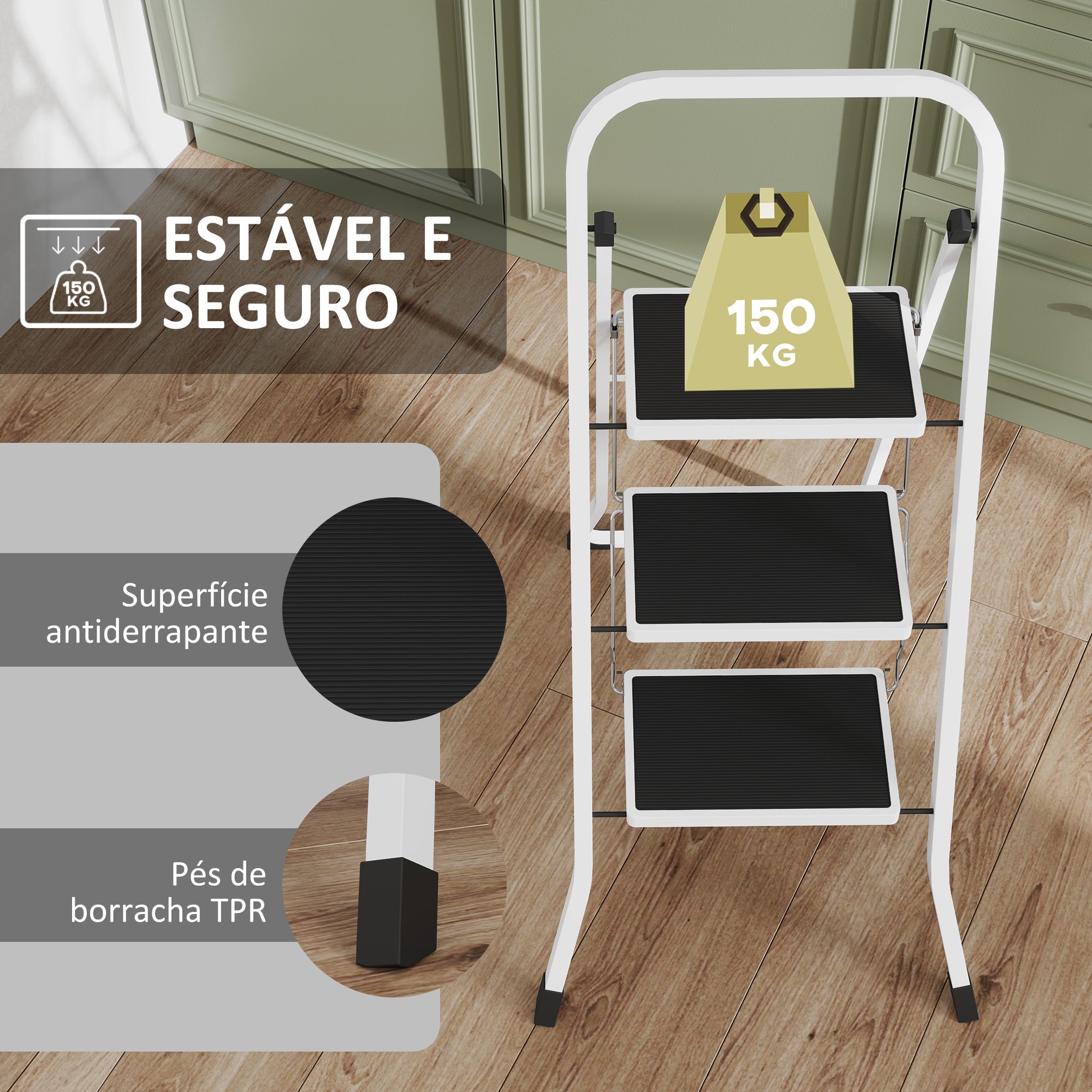 Escada Dobrável de 3 Degraus Branca 71x46,5x105,3 cm