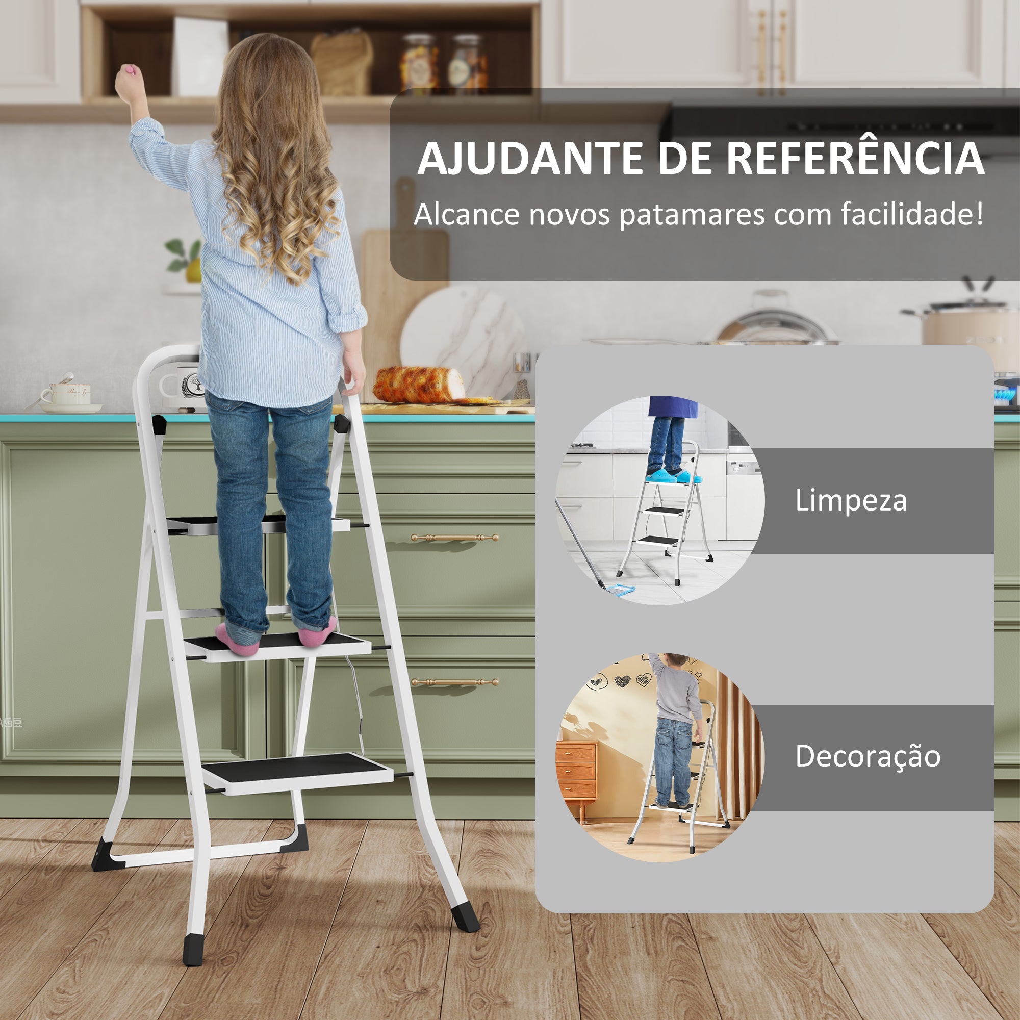 Escada Dobrável de 3 Degraus Branca 71x46,5x105,3 cm