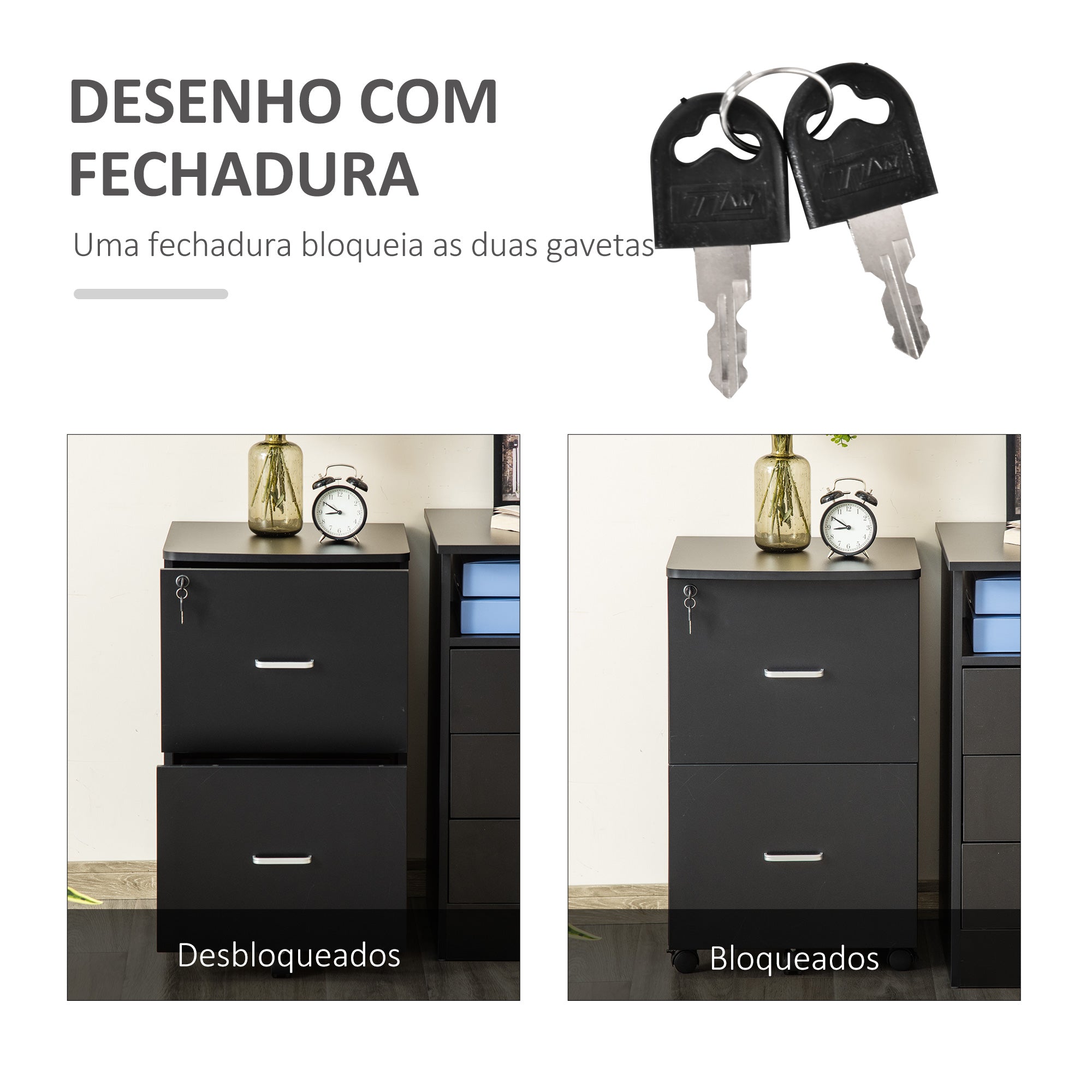 Bloco de Gavetas de Escritório Móvel com 2 Gavetas 43x45x72cm Preto