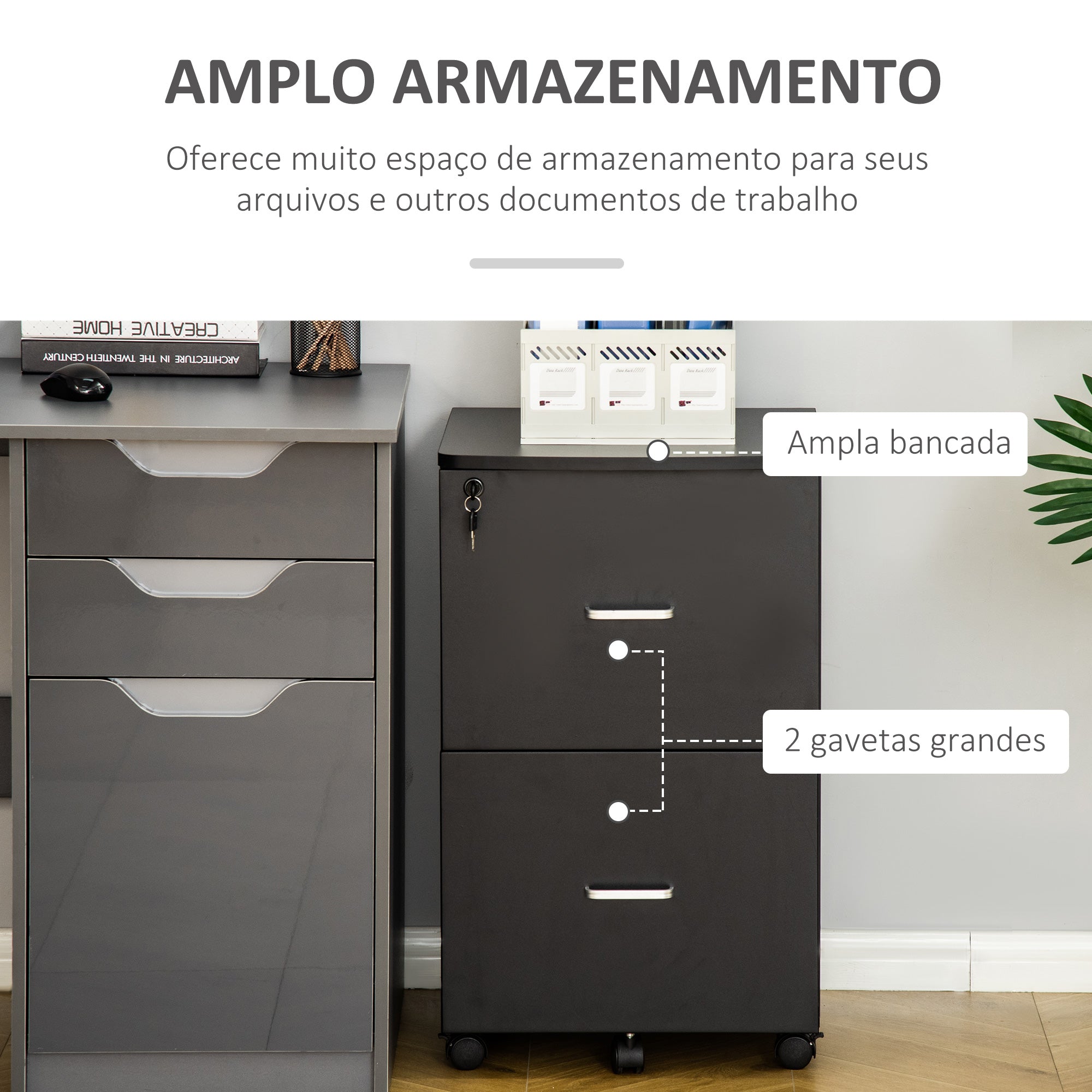 Bloco de Gavetas de Escritório Móvel com 2 Gavetas 43x45x72cm Preto