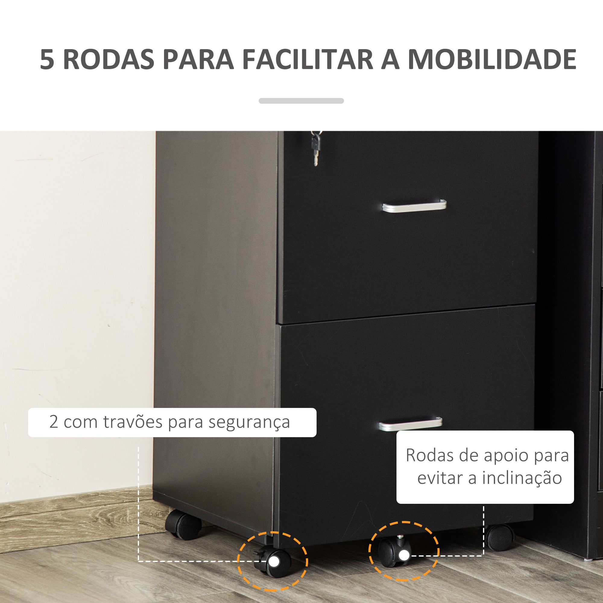 Bloco de Gavetas de Escritório Móvel com 2 Gavetas 43x45x72cm Preto