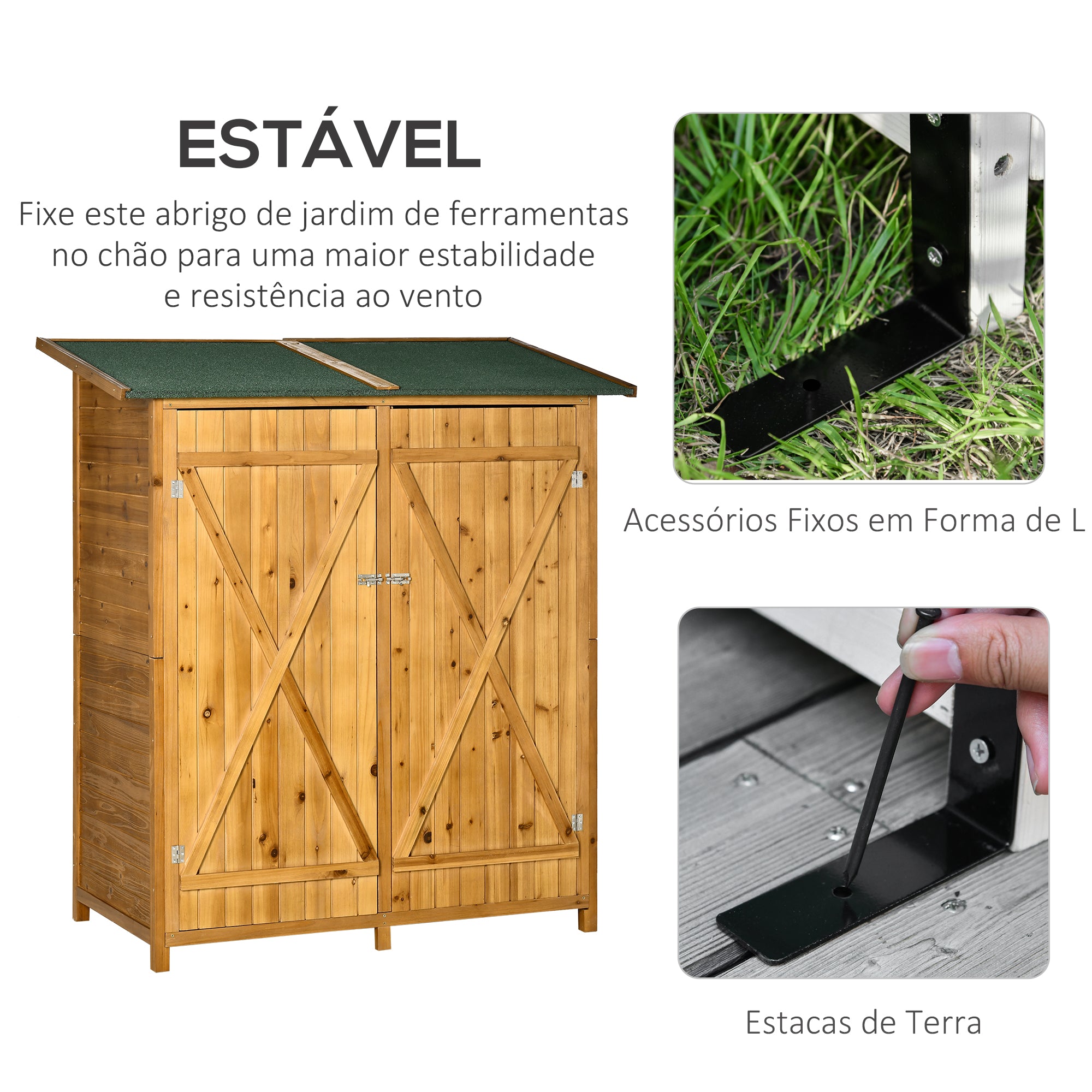Abrigo de Jardim de Madeira Natural 140x75x160cm com Prateleira Móvel e Ganchos