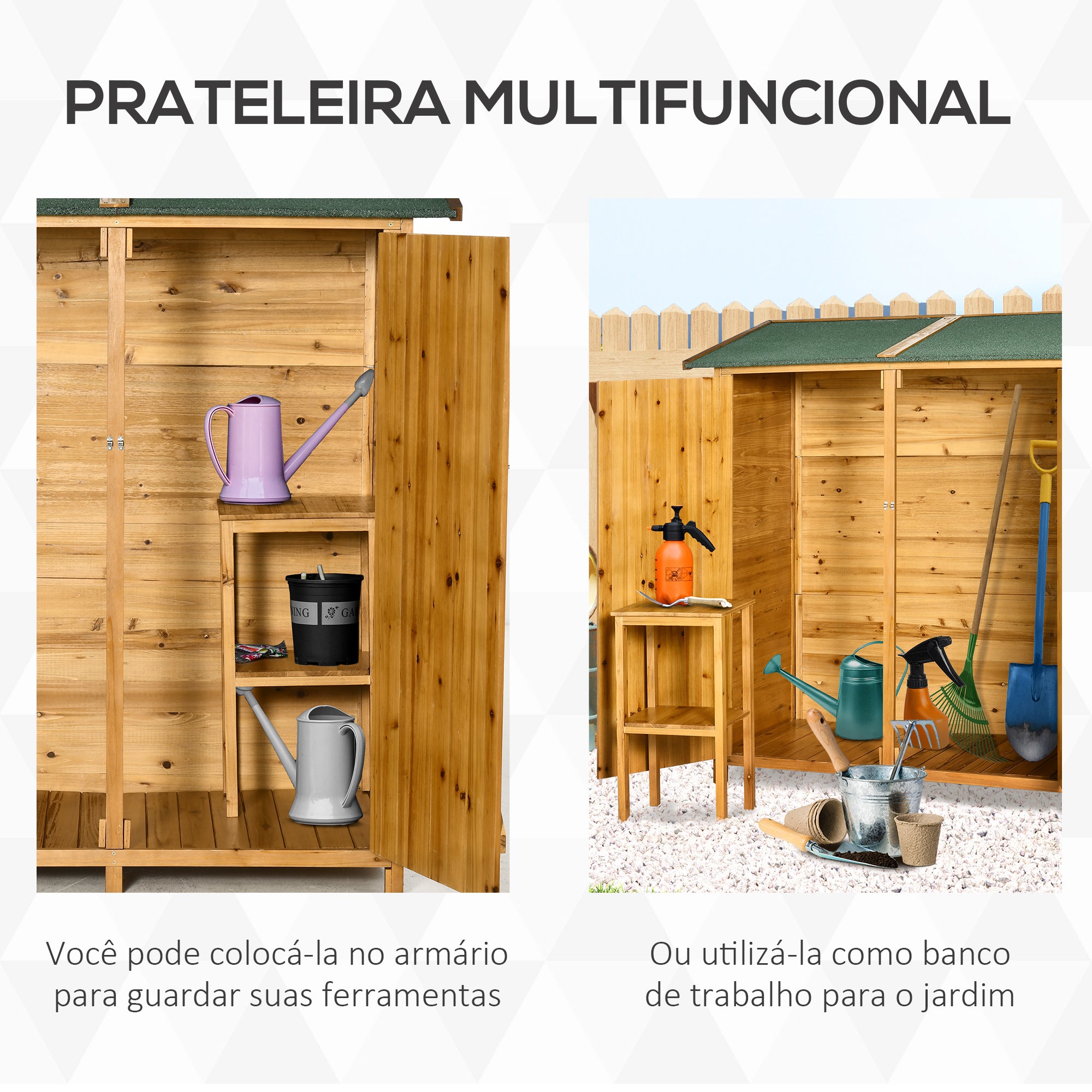 Abrigo de Jardim de Madeira Natural 140x75x160cm com Prateleira Móvel e Ganchos