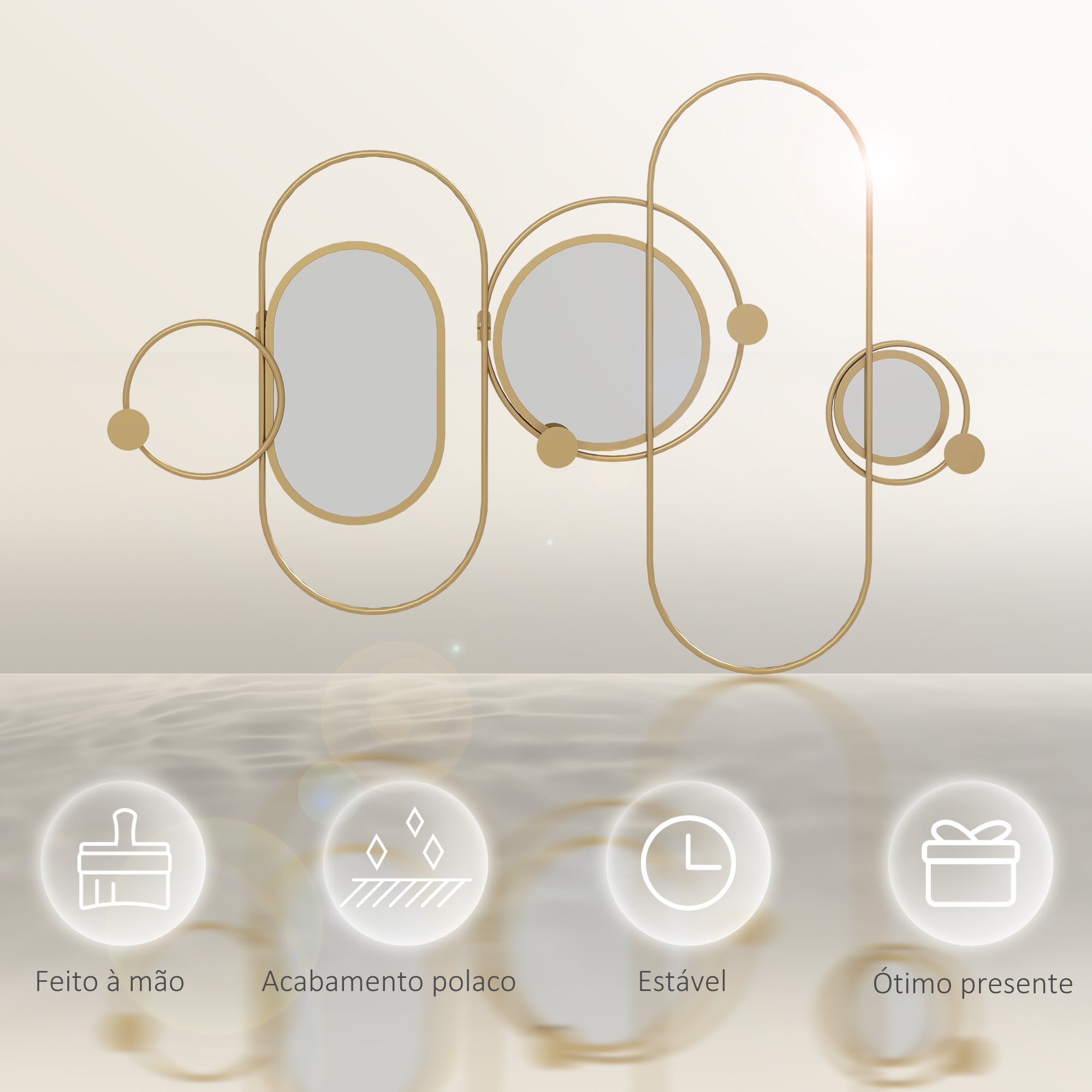 Cabide de Parede com 4 Ganchos e 3 Espelhos Decorativos 106x71 cm - Cor Ouro