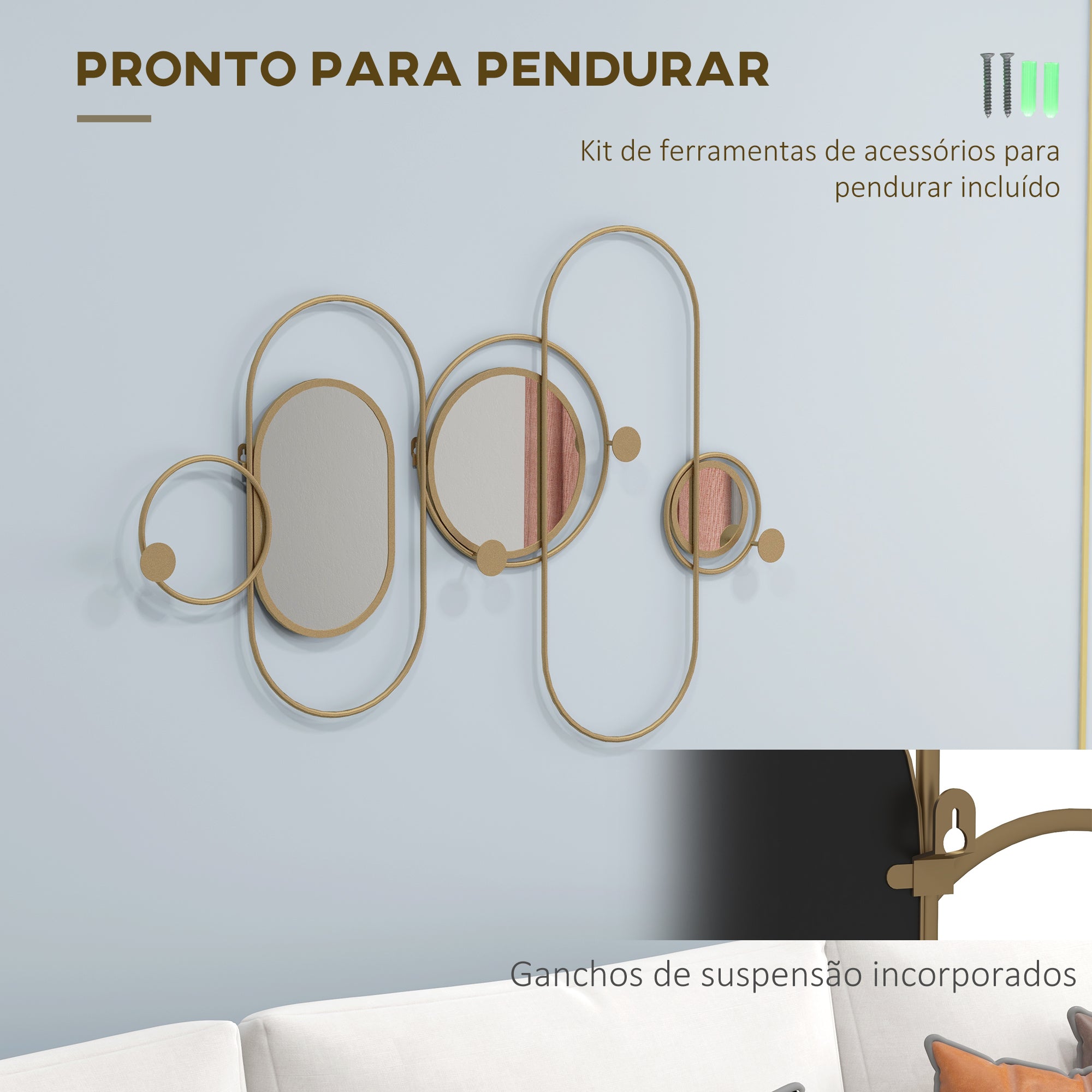 Cabide de Parede com 4 Ganchos e 3 Espelhos Decorativos 106x71 cm - Cor Ouro
