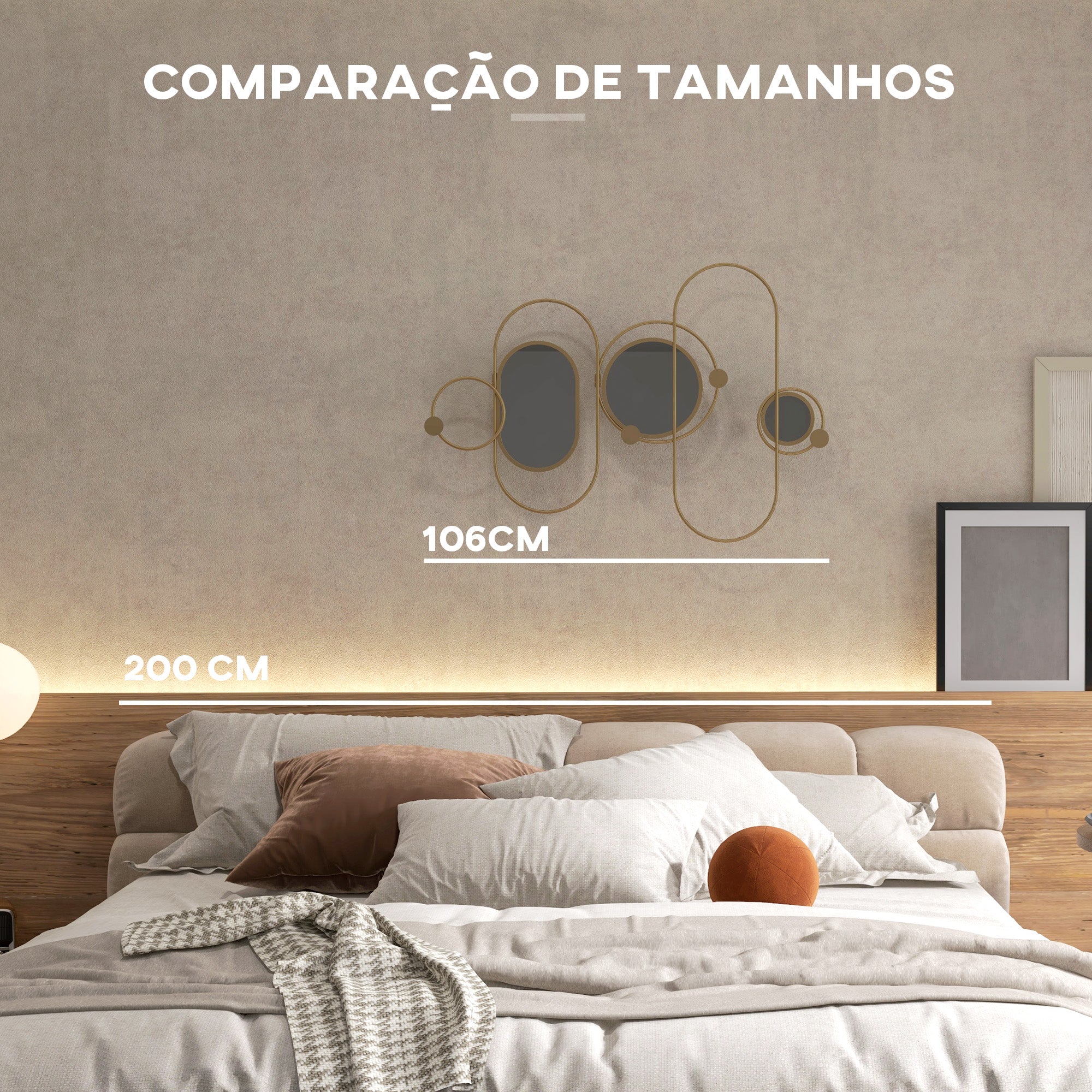 Cabide de Parede com 4 Ganchos e 3 Espelhos Decorativos 106x71 cm - Cor Ouro
