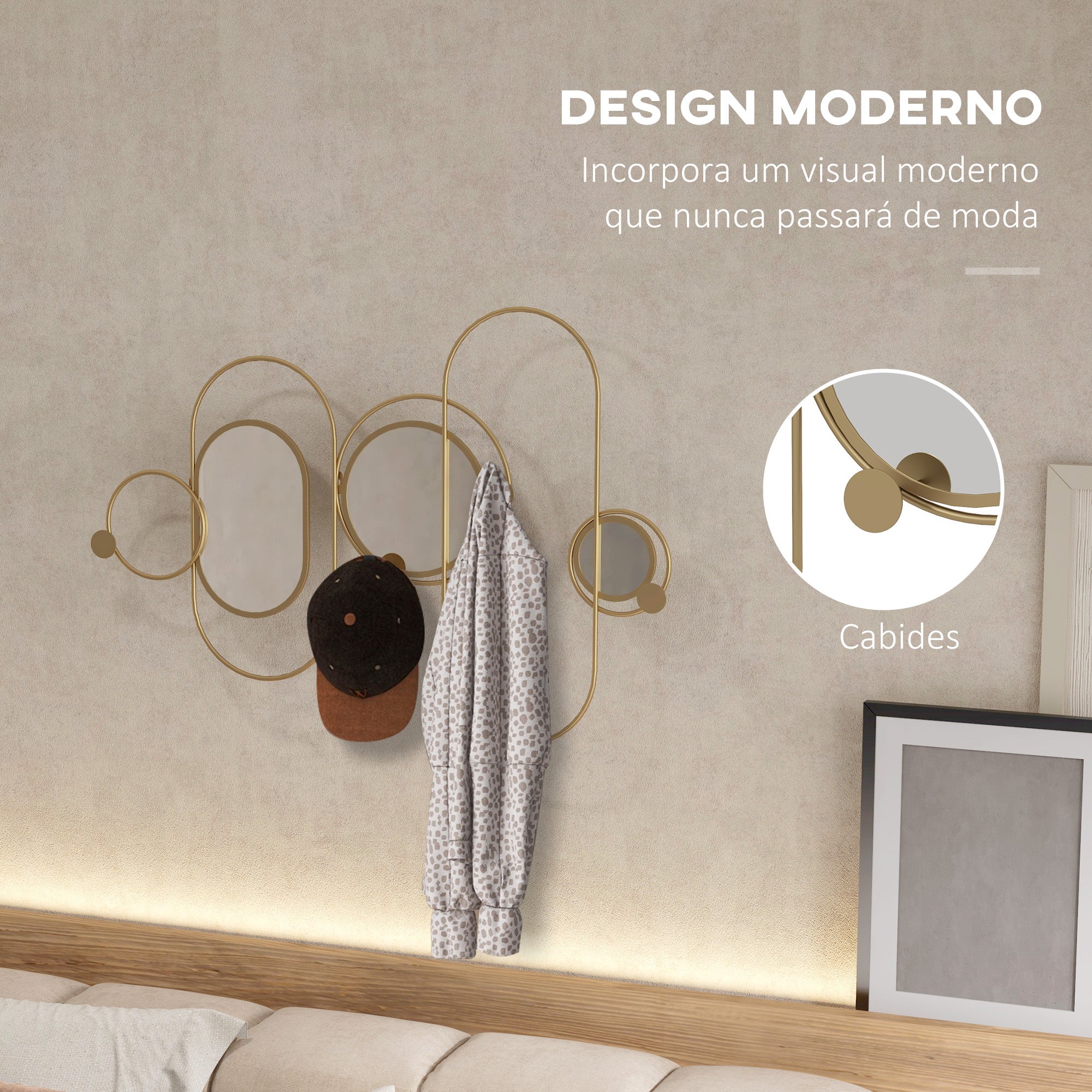 Cabide de Parede com 4 Ganchos e 3 Espelhos Decorativos 106x71 cm - Cor Ouro