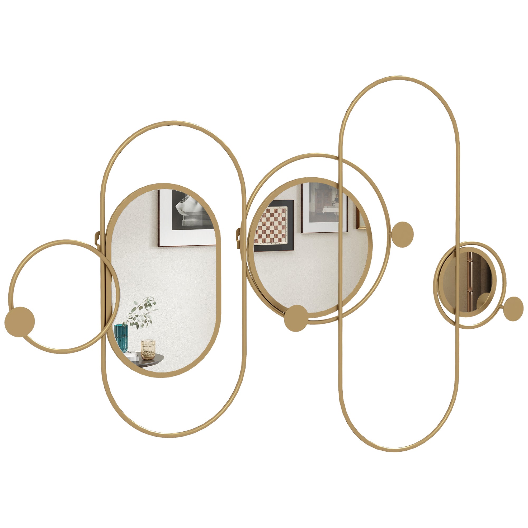 Cabide de Parede com 4 Ganchos e 3 Espelhos Decorativos 106x71 cm - Cor Ouro