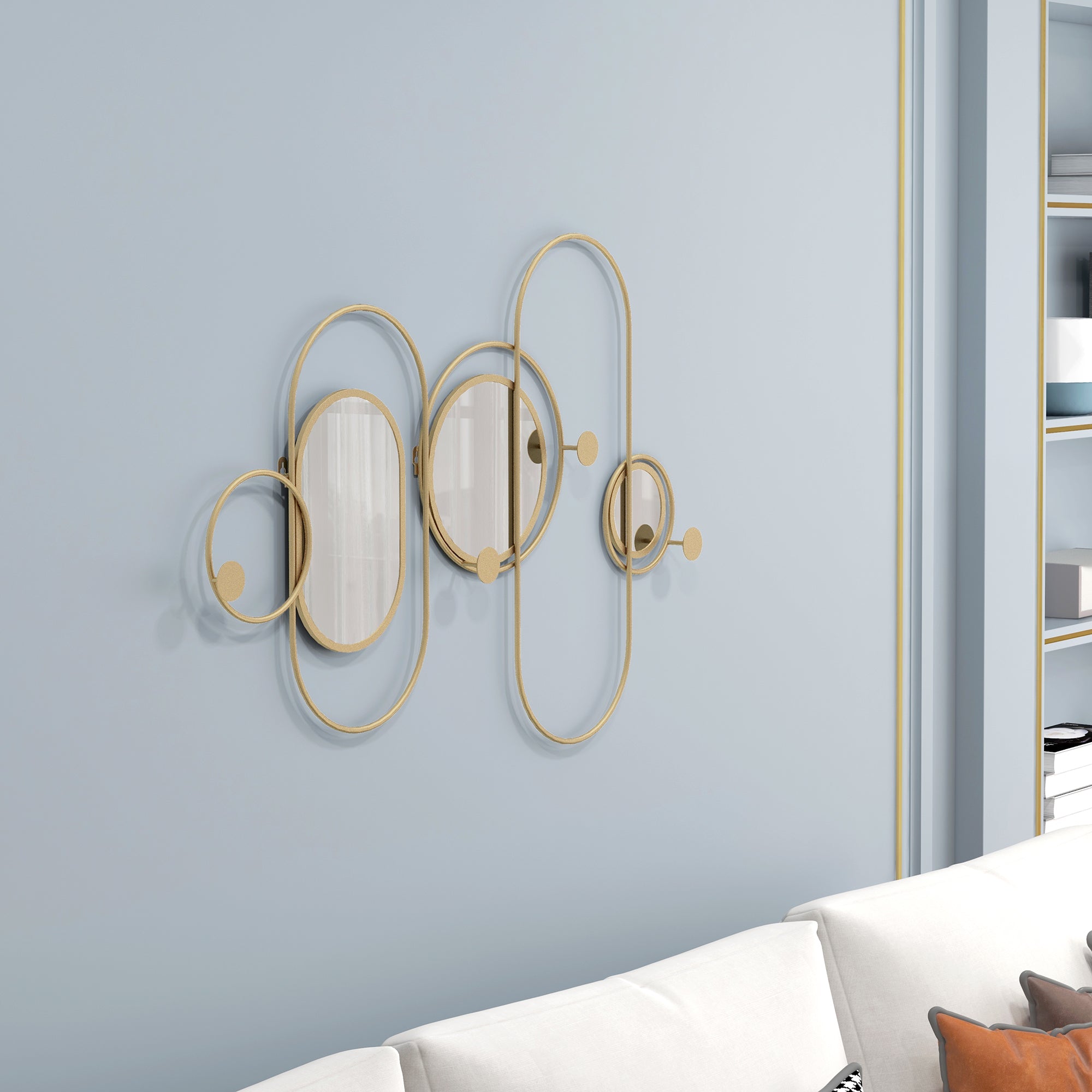 Cabide de Parede com 4 Ganchos e 3 Espelhos Decorativos 106x71 cm - Cor Ouro