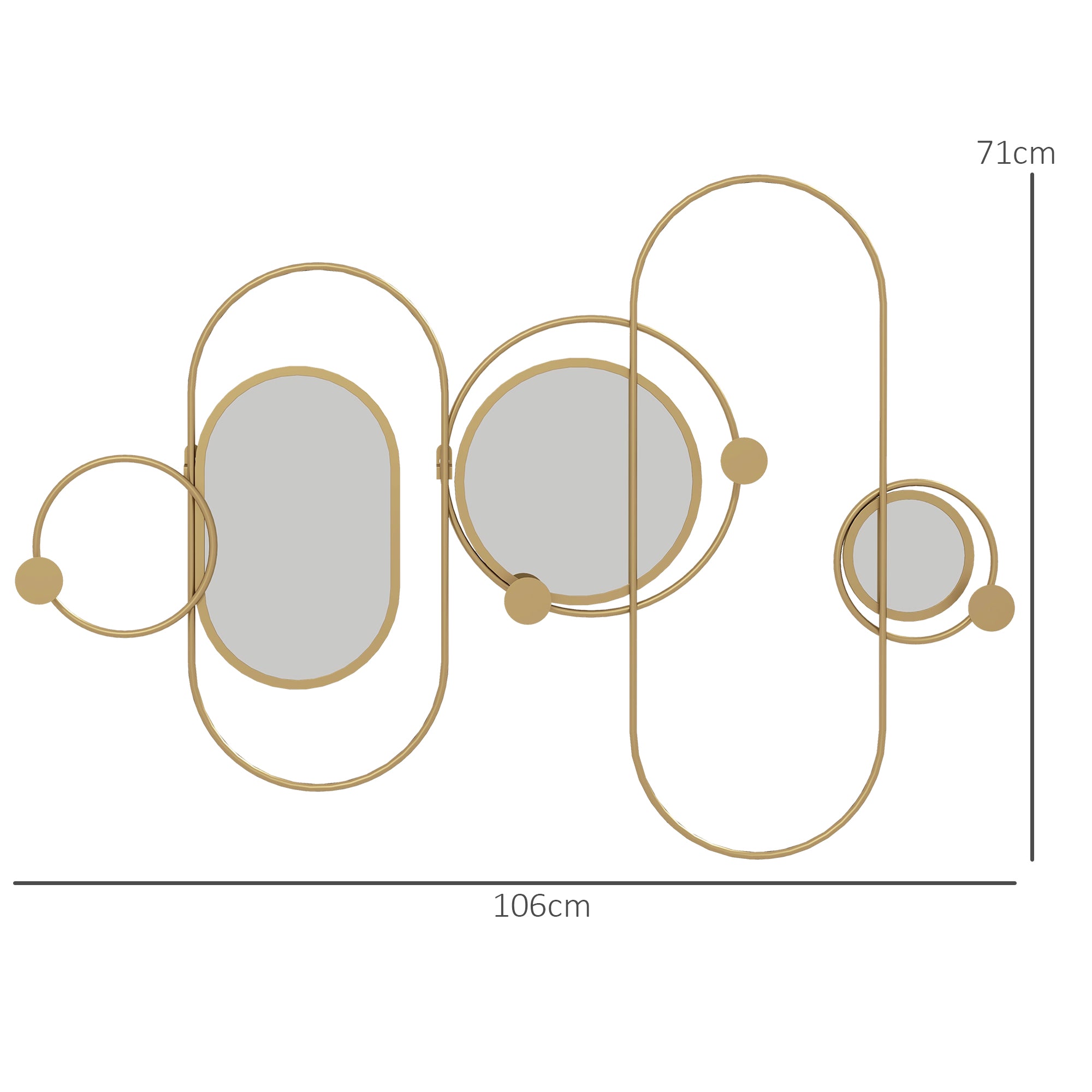 Cabide de Parede com 4 Ganchos e 3 Espelhos Decorativos 106x71 cm - Cor Ouro