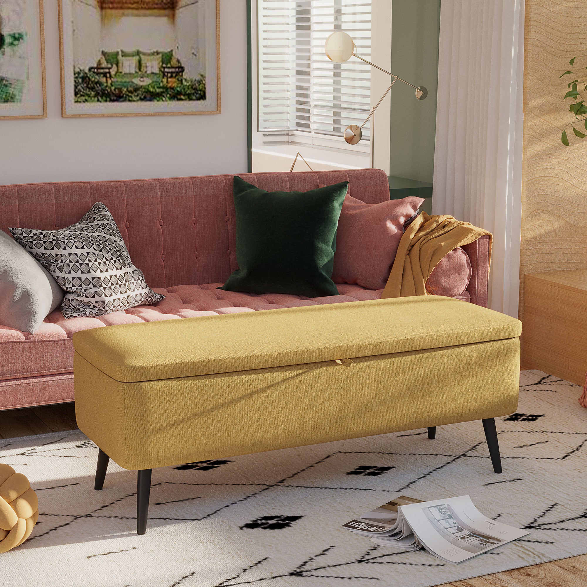 Banco de Armazenamento Estofado Amarelo 101x38,5x44,5 cm