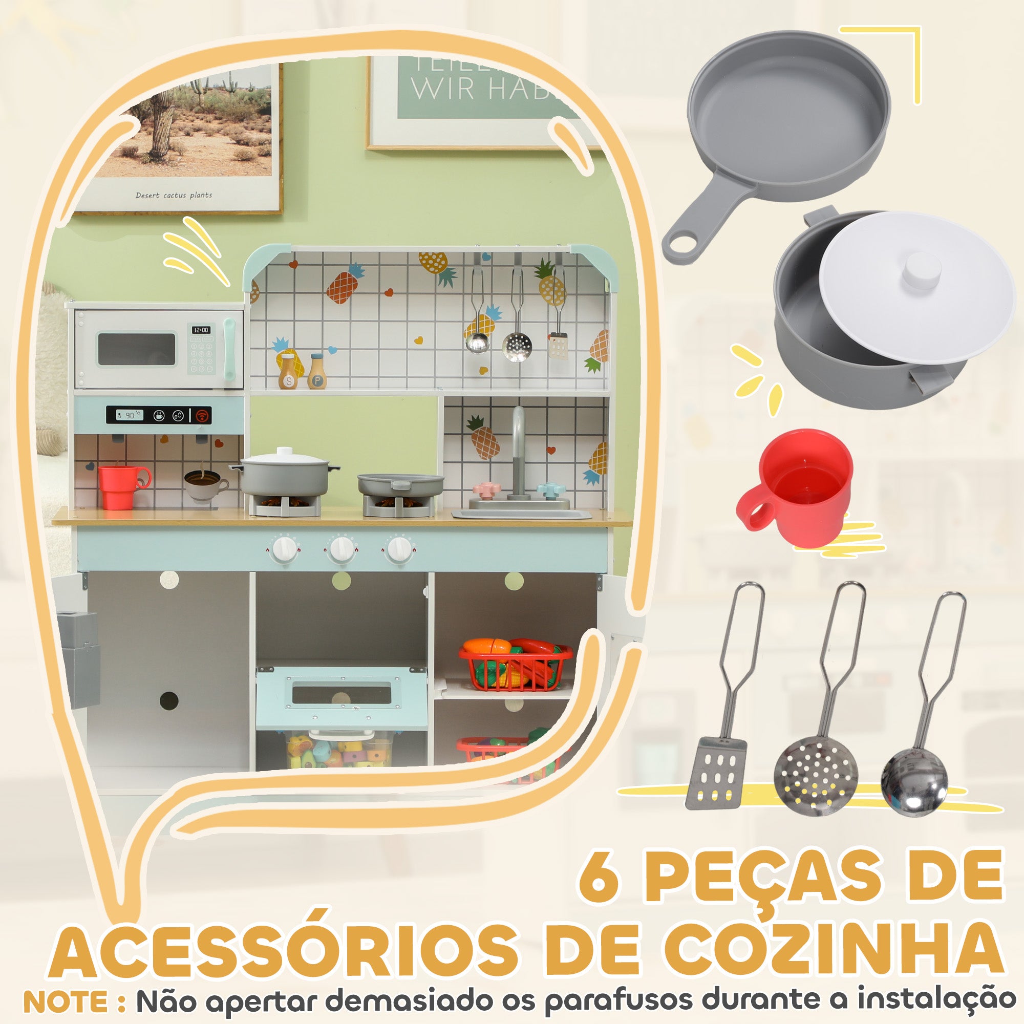 Cozinha de Madeira para Crianças 88,6x31,7x90,4 cm - Branco e Azul