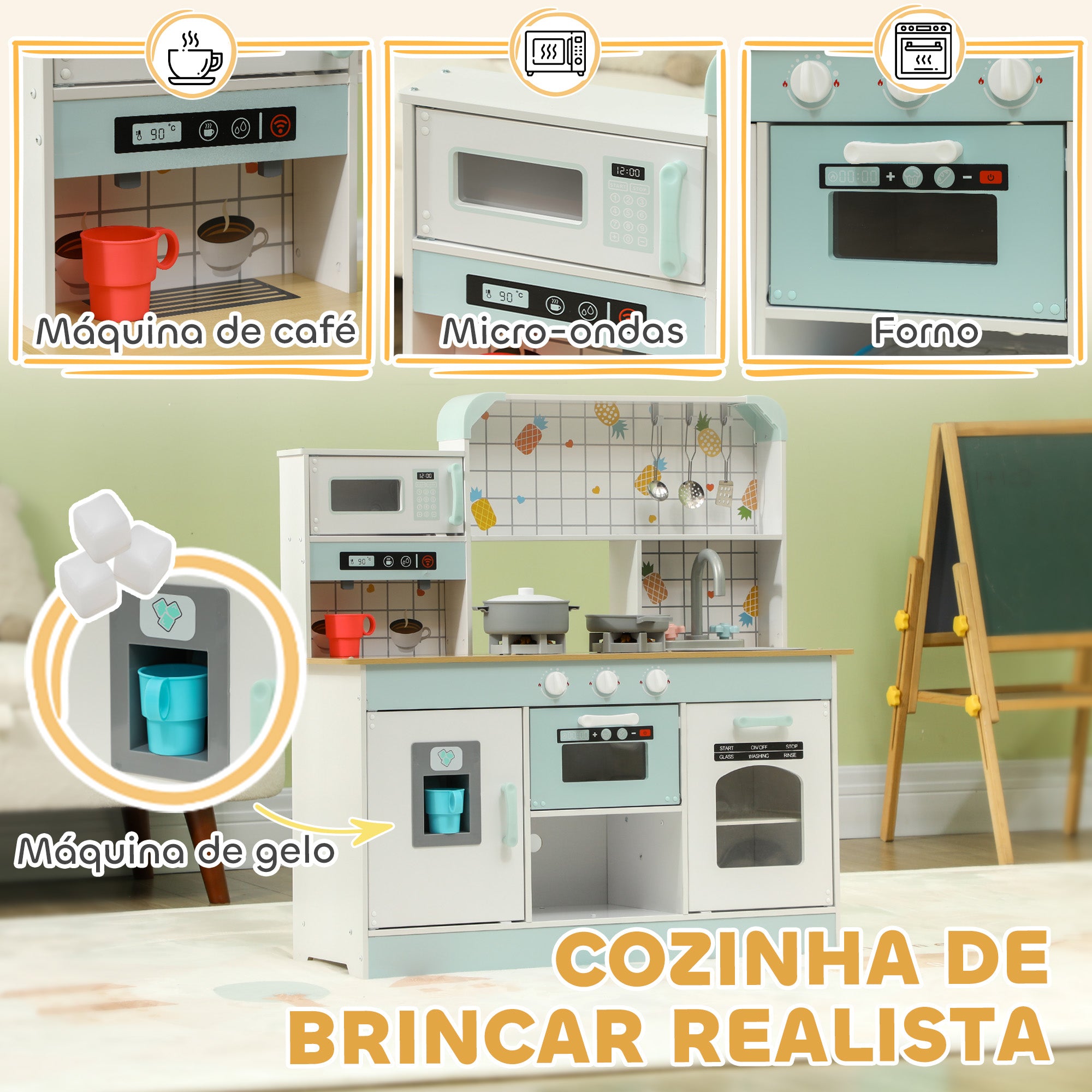 Cozinha de Madeira para Crianças 88,6x31,7x90,4 cm - Branco e Azul
