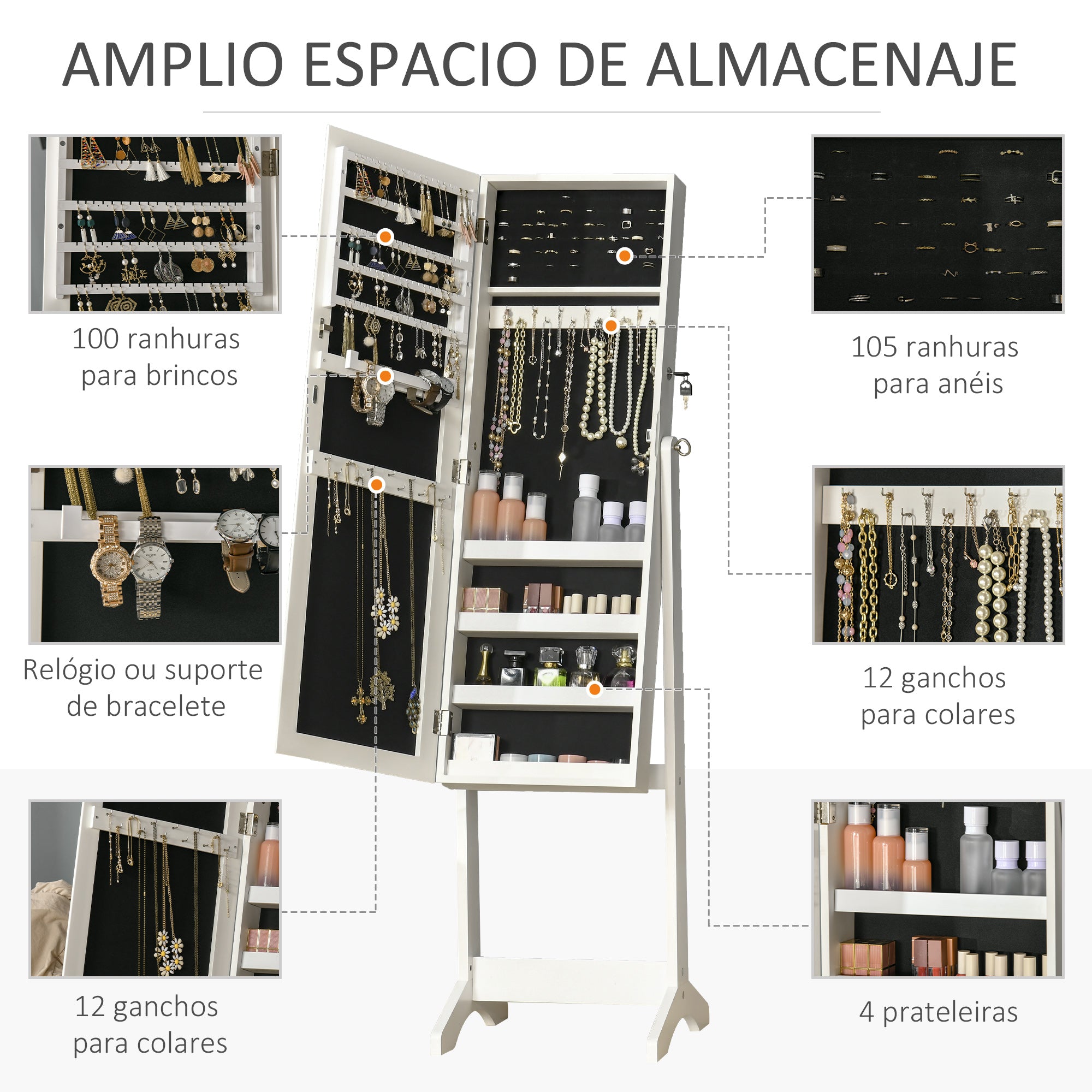 Joalheiro com Espelho de Pé – 46x36.5x151.5cm – Branco – MDF