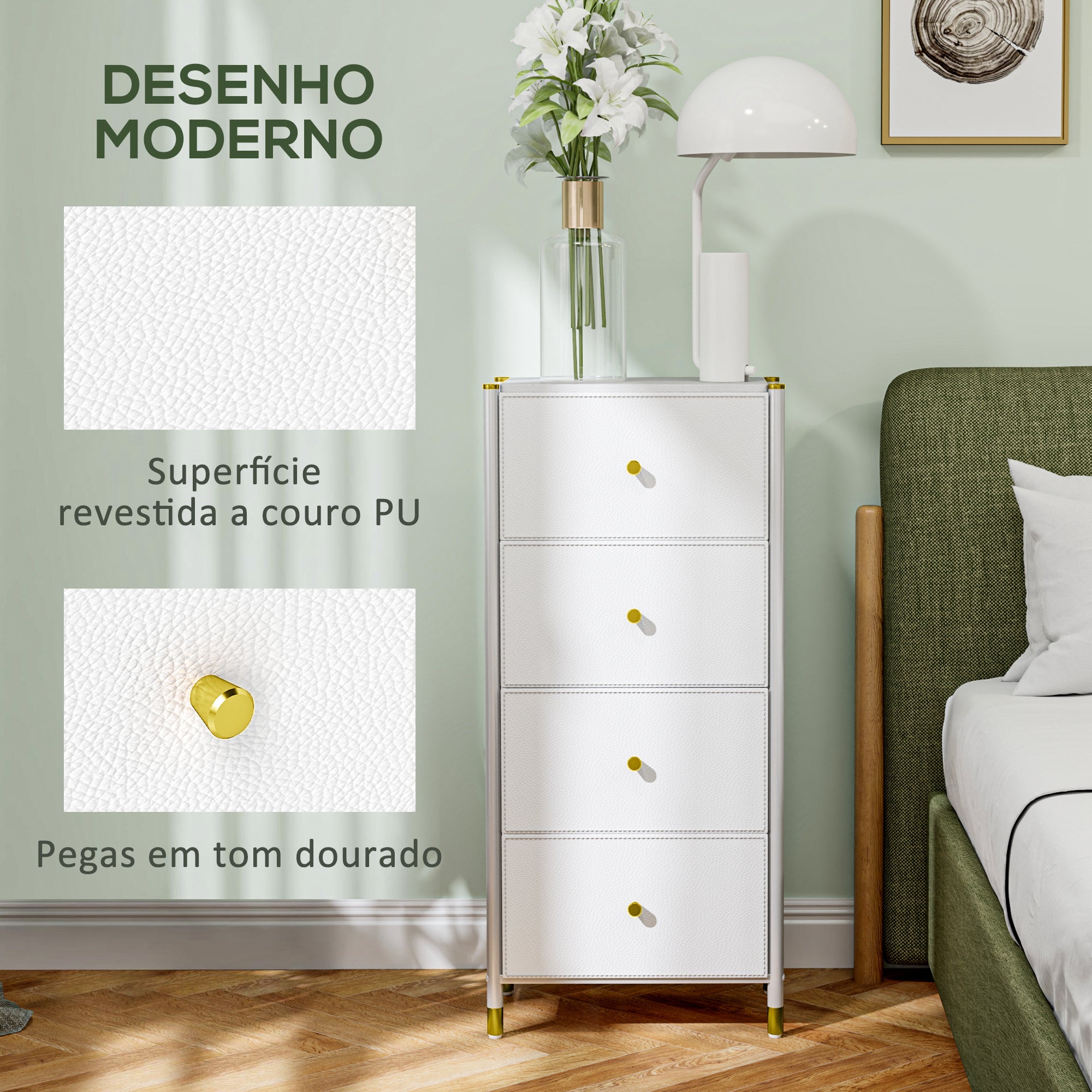 Cómoda Branca 46x30x98 cm com 4 Gavetas de Tecido e Estrutura de Aço